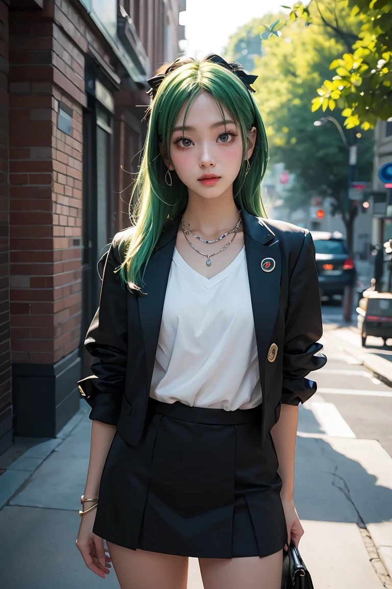 1 girl, best quality, masterpiece, high resolution, [purple|sliver|green] _hair, black miniskirt, hair accessory, necklace, jewelry, beautiful face, looking forward, full body view, realistic, outdoor, modern square, two-tone lighting, (high detail skin: 1.2), 8k UHD, dslr, soft light, high quality, volumetric light, candid, photo, high resolution, 4k, 8k, background blur