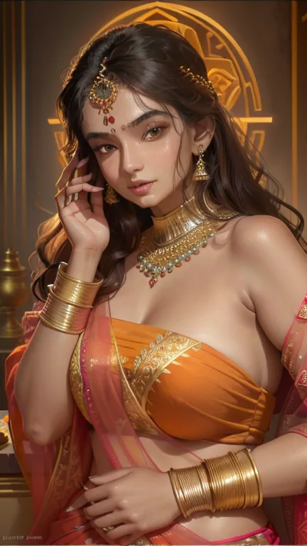 arafed woman in an orange sari talking on a cell phone, indian goddess, sexy movie photo, sexy girl with dark complexion, provoc...