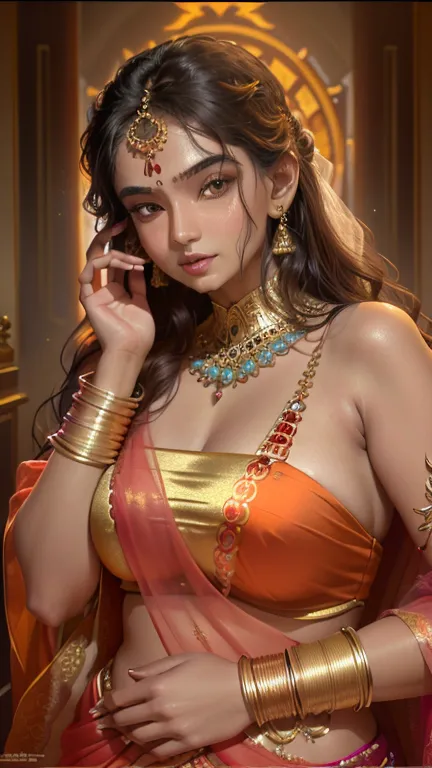 arafed woman in an orange sari talking on a cell phone, indian goddess, sexy movie photo, sexy girl with dark complexion, provoc...