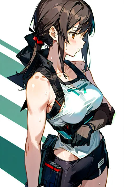 a woman in a white tank top and black shorts, yoki shinkawa, by nagasawa rosetsu, girls frontline cg, range murata, muscular swe...