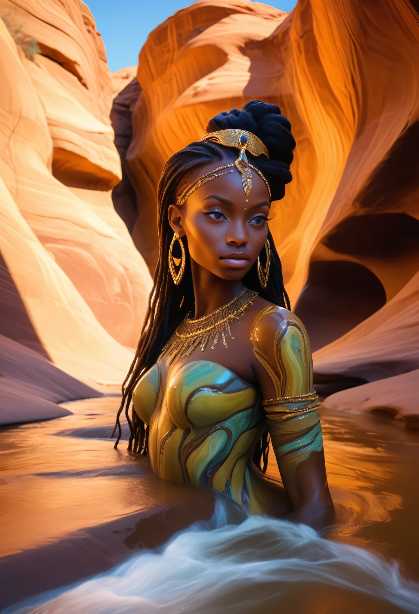 Nubian princess carved into the colorful sandstone cliffs of a of desert canyon, river, fast flowing crystal clear water, rapids, golden hour, colorful organic bioluminescent patterns, hauntingly beautiful, hyperrealistic, ultra resolution, 