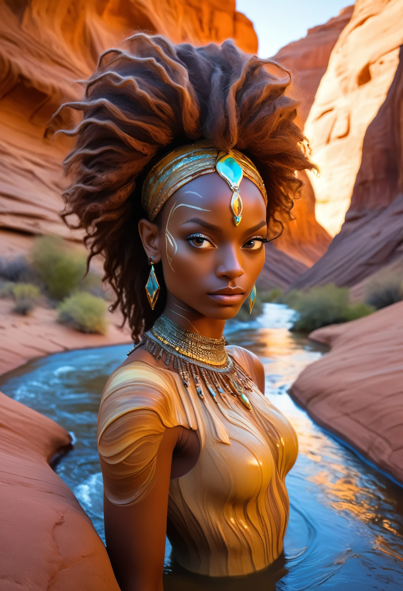 Nubian princess carved into the colorful sandstone cliffs of a of desert canyon, river, fast flowing crystal clear water, rapids, golden hour, colorful organic bioluminescent patterns, hauntingly beautiful, hyperrealistic, ultra resolution, 