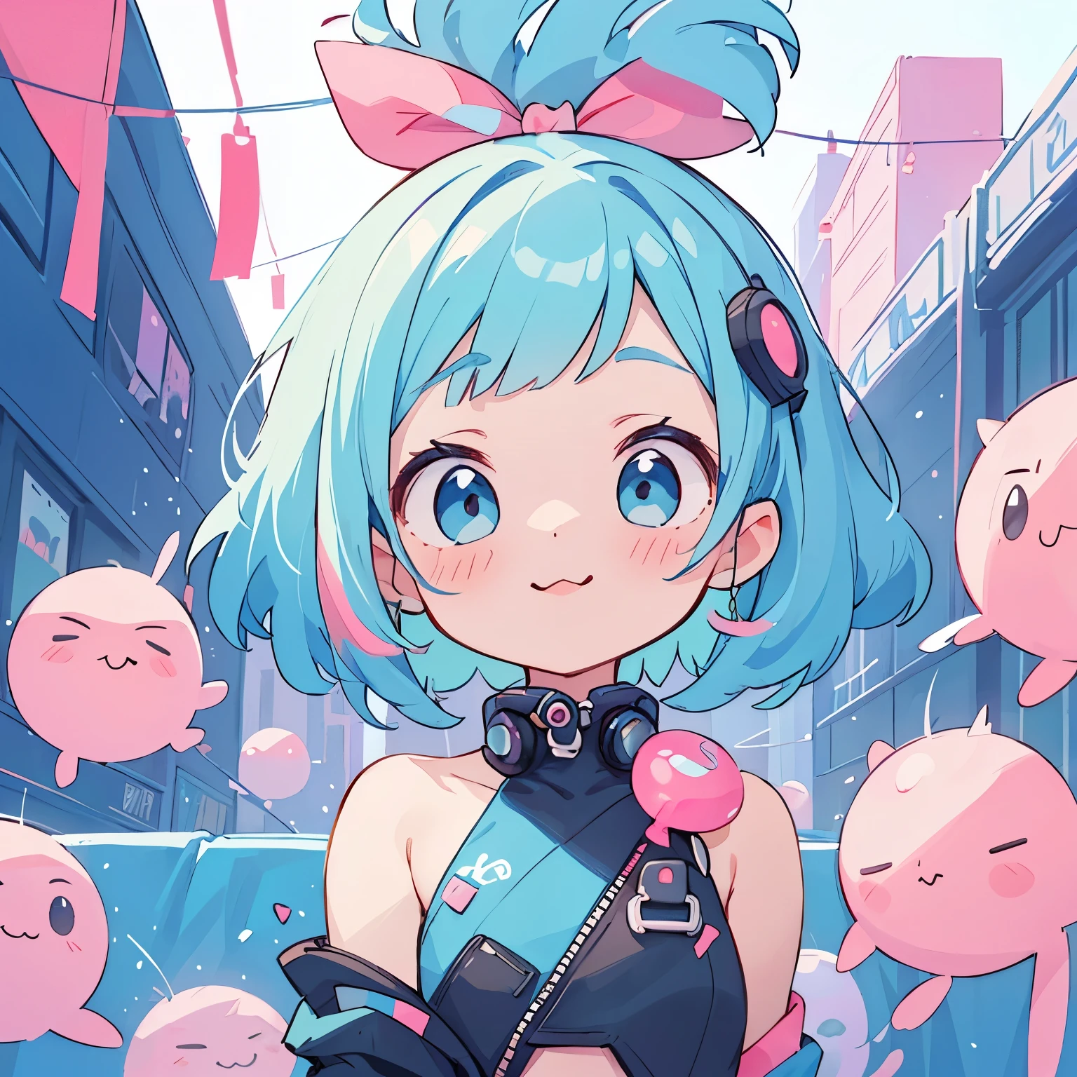 Vibrant art,pop、bright、colorful, 1 female, Light blue hair,　short hair、Happy,cute, Animation Style, cute, clearly, colorful cyberpunk, bubblegum pop, cute、Pink and light blue as main colors、I&#39;Cheer loudly、　Wearing headphones、Headphones、celebration、