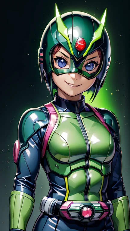 (8k),(masterpiece),(Japanese),(8-year-old girl),((innocent look)),((Childish)),From the front,smile,cute,Innocent,Kind eyes,Flat chest, Shizune,Kamen Rider,green helmet,green superhero mask,camisa,no Hair,night,dark, Neon light cyberpunk Konoha village