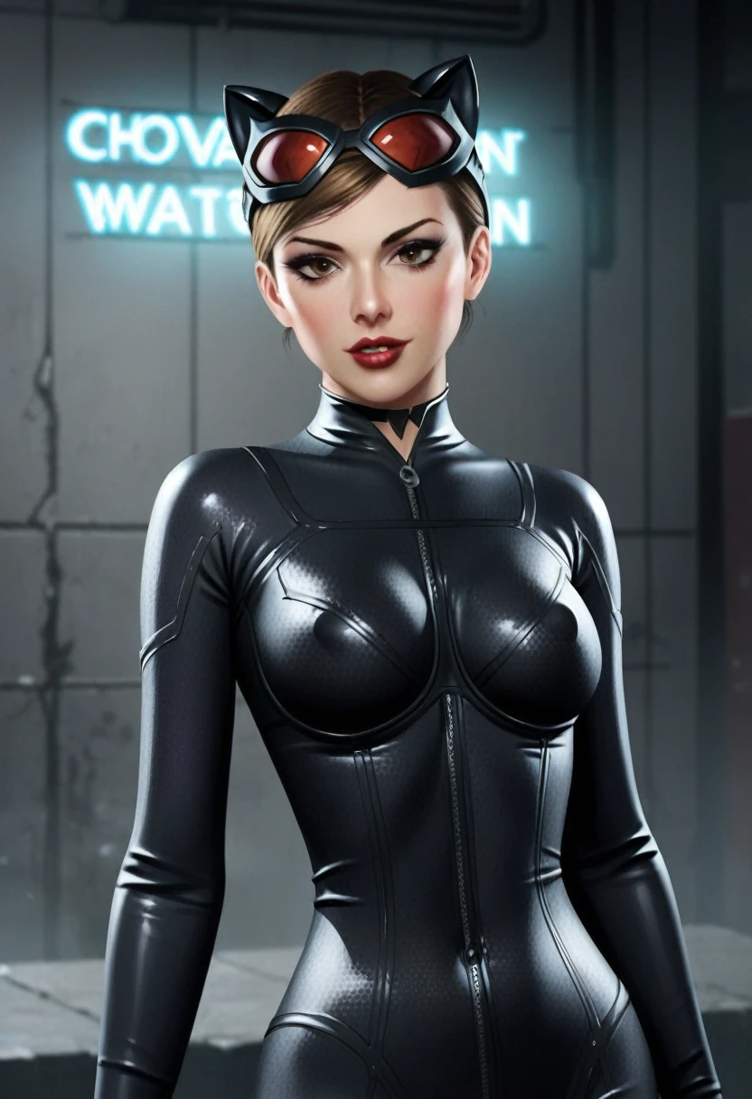 score_9_up, score_8_up, score_7_up, 1girl, solo, mature female, ((Anne Hathaway)), long brown hair, brown eyes, red lips, parted lips, fit slim body,((perfect medium erected breast)), (((catwoman tight suit,))), ((concrete bunker with white neon lights)), ((highly detailed perfect straight face)), perfect model body, seductive pose, 