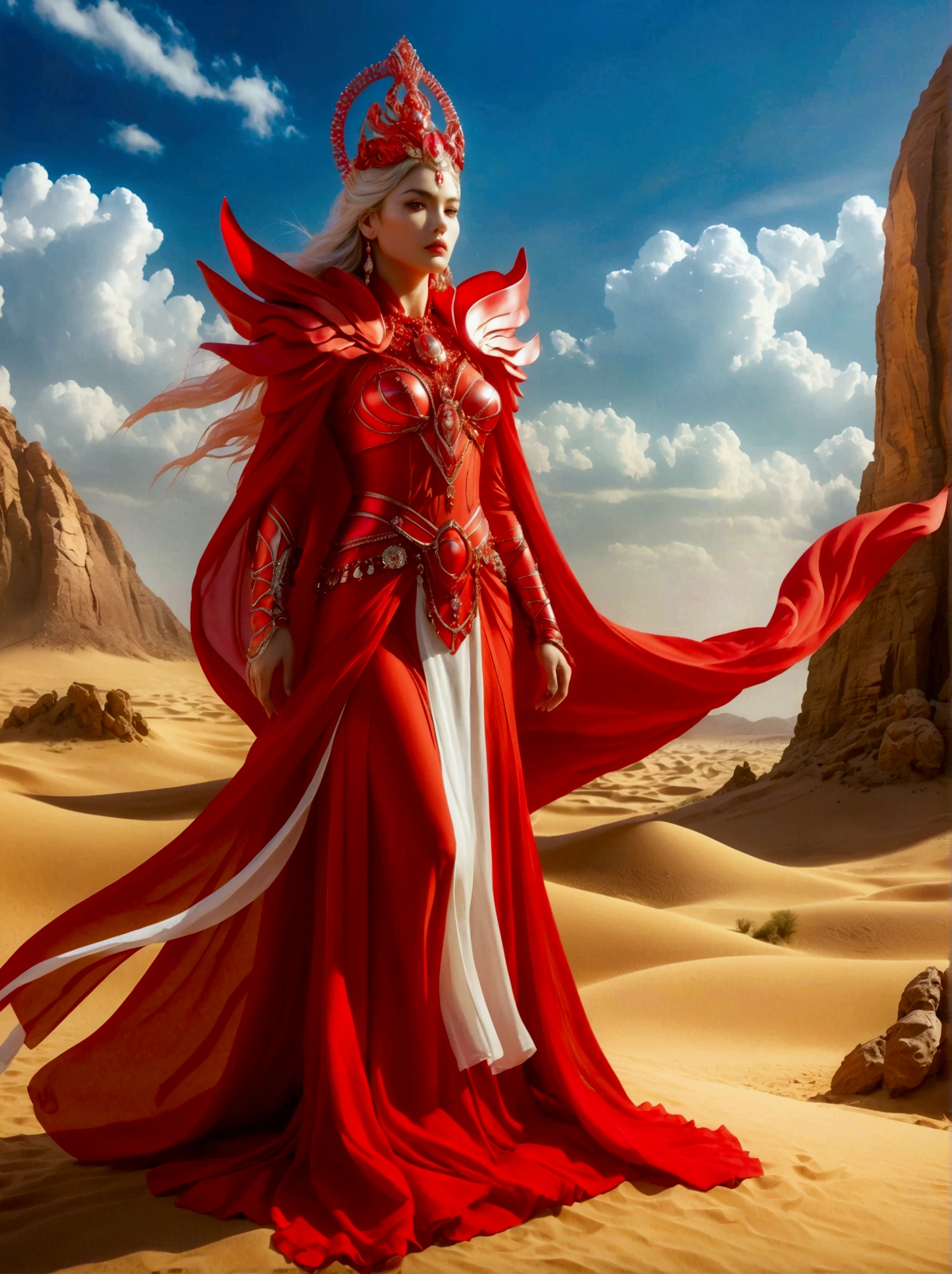 A mysterious desert princess dressed in bright red rules a dystopian desert kingdom，This ruthless figure sits on a massive throne in the desert kingdom&#39;s hall.，Surrounded by her powerful image and numerous kneeling, smaller figures，They devoutly regarded her as a divine ruler.