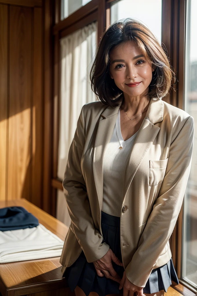 (masterpiece:1.4),(60-year-old woman:1.5),(Facial wrinkles : 1.2), (Medium Hair), (sly smile : 1.2), beautiful Mature Woman, (stylish school uniform blazer open front : 1.1), black blazer, (long sleeve white blouse : 1), (mid-length pleated skirt with delicate fabric : 1), Acne, Skin blemishes, fleckled skin, (Muscular arms : 1.2), (plump thighs : 1.1), Wide Hips, in the evening, twilight time, warm lighting, indoor gym, school uniform