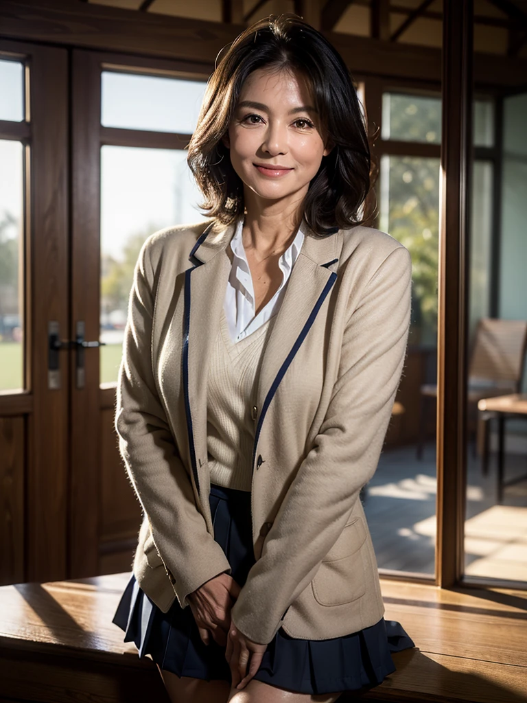 (masterpiece:1.4),(60-year-old woman:1.5),(Facial wrinkles : 1.2), (Medium Hair), (sly smile : 1.2), beautiful Mature Woman, (stylish school uniform blazer open front : 1.1), black blazer, (long sleeve white blouse : 1), (mid-length pleated skirt with delicate fabric : 1), Acne, Skin blemishes, fleckled skin, (Muscular arms : 1.2), (plump thighs : 1.1), Wide Hips, in the evening, twilight time, warm lighting, indoor gym, school uniform