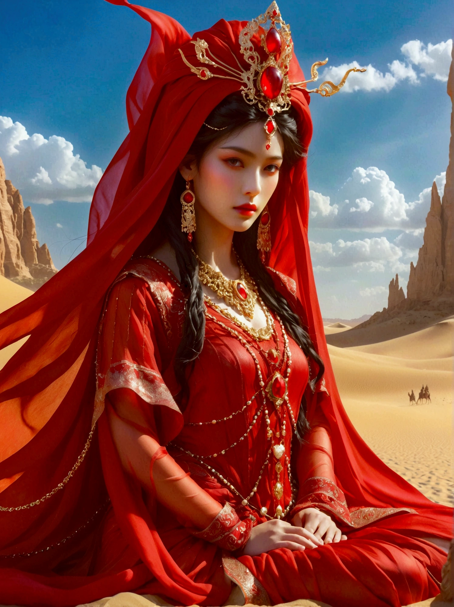 A mysterious desert princess dressed in bright red rules a dystopian desert kingdom，This ruthless figure sat on a huge throne in the hall.，Surrounded by her powerful image and numerous kneeling, smaller figures，They devoutly regarded her as a divine ruler.