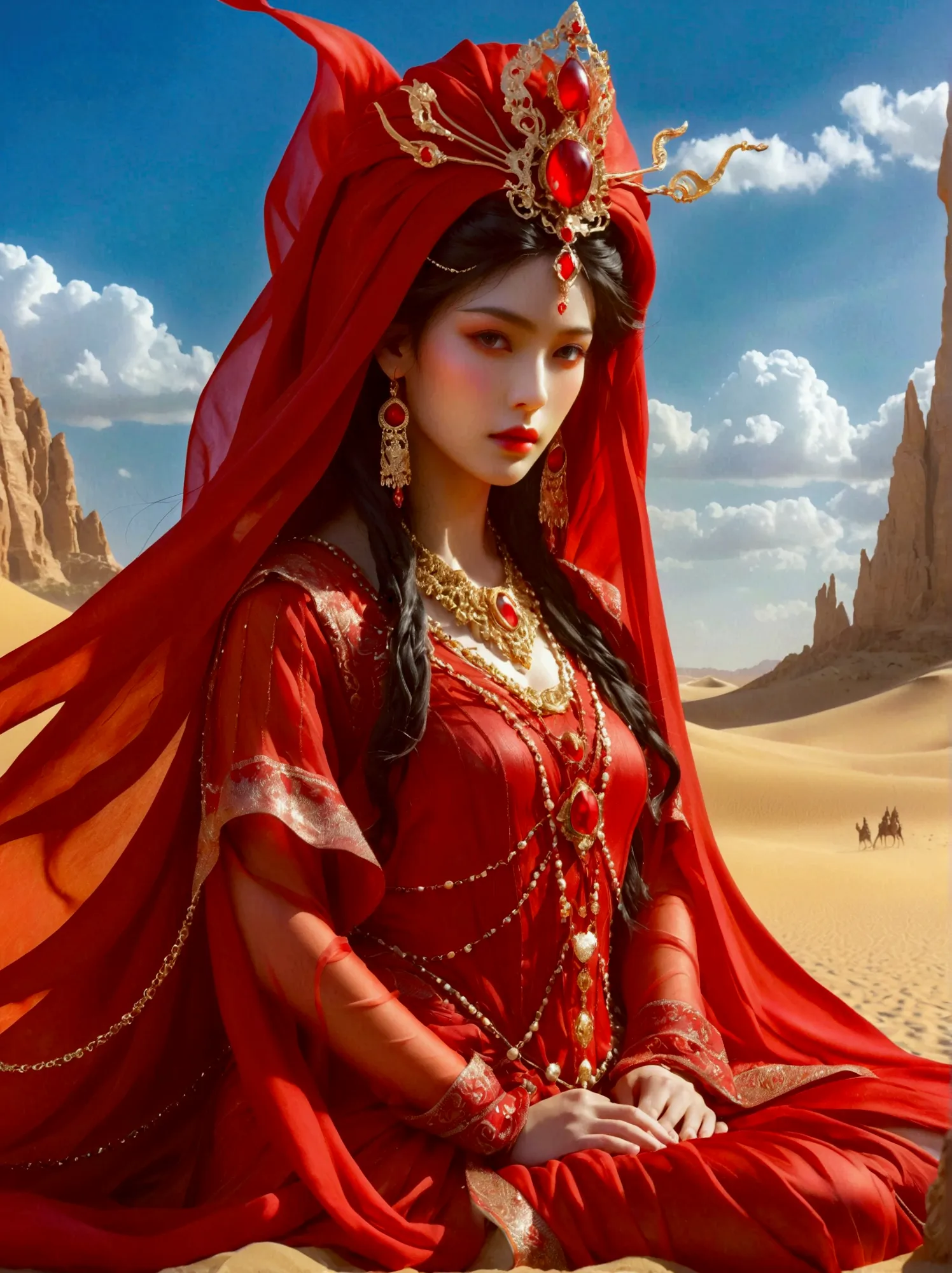 A mysterious desert princess dressed in bright red rules a dystopian desert kingdom，This ruthless figure sat on a huge throne in...