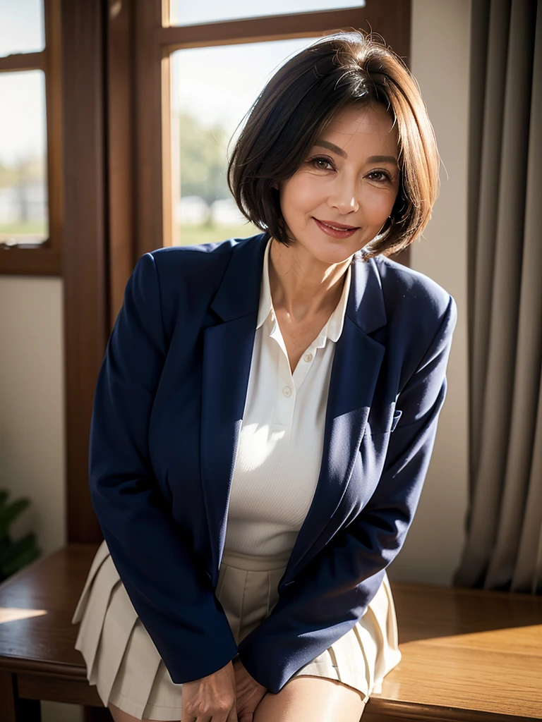 (masterpiece:1.4),(60-year-old woman:1.5),(Facial wrinkles : 1.2), (Medium Hair), (sly smile : 1.2), beautiful Mature Woman, (stylish school uniform blazer open front : 1.1), deep-blue blazer, (long sleeve white blouse : 1), (mid-length pleated skirt with delicate fabric : 1), Acne, Skin blemishes, fleckled skin, (Muscular arms : 1.2), (plump thighs : 1.1), Wide Hips, in the evening, twilight time, warm lighting, indoor gym, school uniform