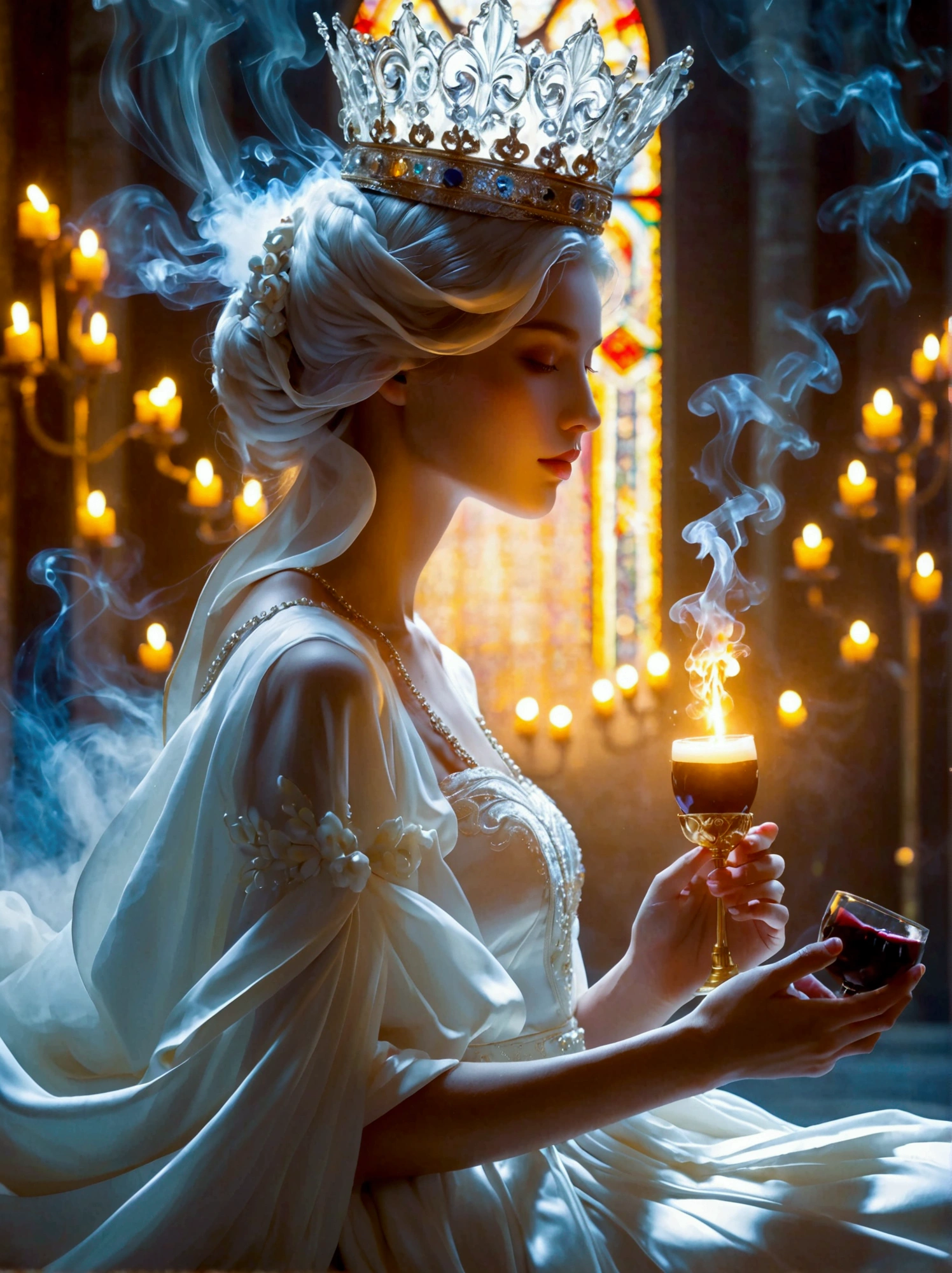 An effervescent woman, whose features represent a beautiful blend of multiple races, is seen seated on a throne in a fantastical city, reminiscent of descriptions of New Jerusalem, She radiates with an ethereal glow, embodying an essence of pure light. Her gown, a masterful design of purely white, is flowing and subtly merging into billows of white smoke that seems alive, evocative of the Holy Spirit, The same mystical smoke envelops her luminous crown, Amidst this divine spectacle, she is involved in the sacred act of communion, partaking dark red wine and holding bread in her hand