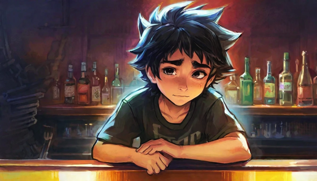 score_9, score_8_up, score_7_up, score_6_up, score_5_up, score_4_up, BREAK Best aesthetic, lolsplashart, painterly, beautiful, masterpiece, amazing art, 1boy sitting on a chair, front profile, sitting at a bar, centered, mildly spiky black hair, grey eyes, scar on eyebrow, small smile, light to dark gradient from left to right, painterly textures, texture variation, bold outlines, black t-shirt, green pants