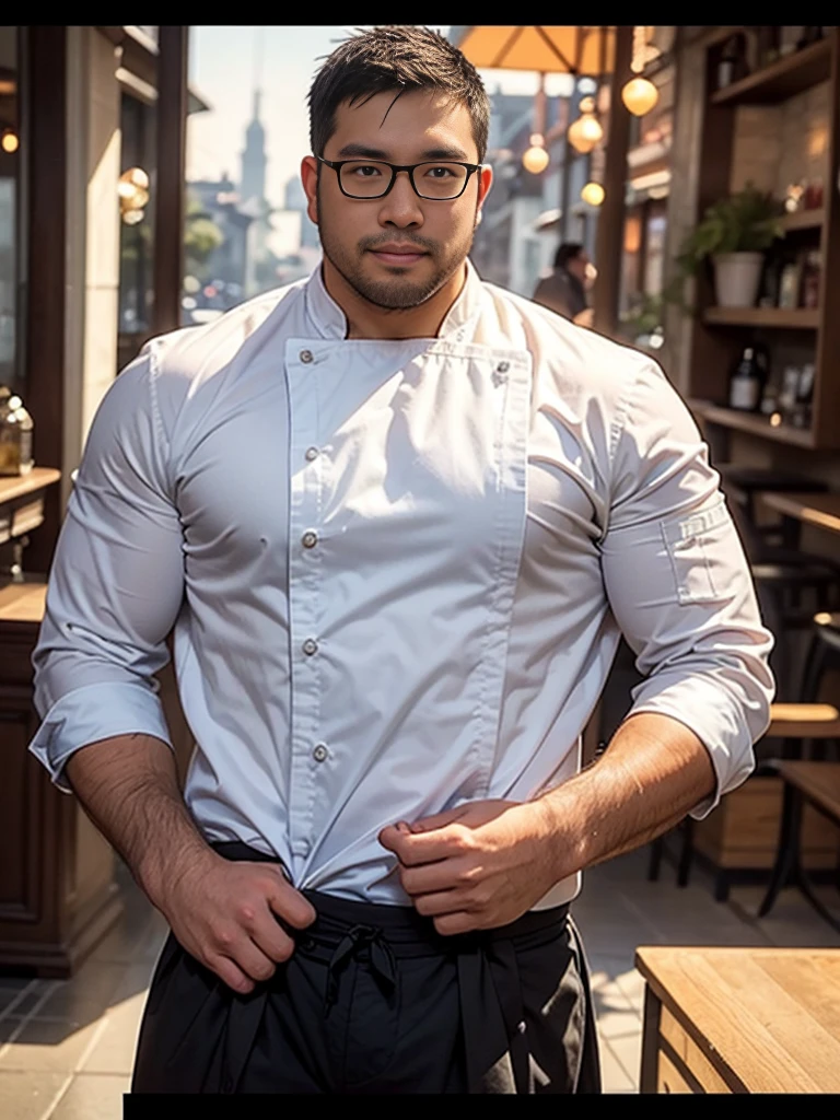 crew cut, (((full body))), (((landscape))), mature man, [slightly fat], asian man, rounded face, brown eyes, ((rounded face)), glasses, balding, 1boy, Solo, (big shoulders), (((stubbles, Short beard))), A tall and handsome young chef，Stand on the edge of the dream space, eyes glowing, Surreal scenes filled with symbols and patterns of various skills, ,in the style of the stars art group xing xing, 32K, Best quality, Masterpiece, Super detail, High details,