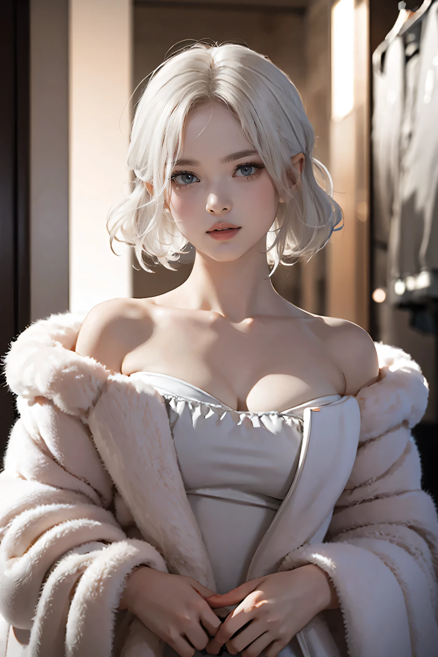 masterpiece, Warm color palette，Light of the sun，Light art，(High detail:1 1), shortage々New face, White Hair，Off-the-shoulder clothing，Large Breasts，Natural Skin, high quality, Browsing Caution, Beautiful Eyes, (Detailed face and eyes), (face: 1 2), noise,extra, real photography, .PSD, Lamp Film Photo, Sharp focus, Contrast lighting, Delicate skin, High resolution 8k, Very detailed, Realistically, Professional photography, 8K