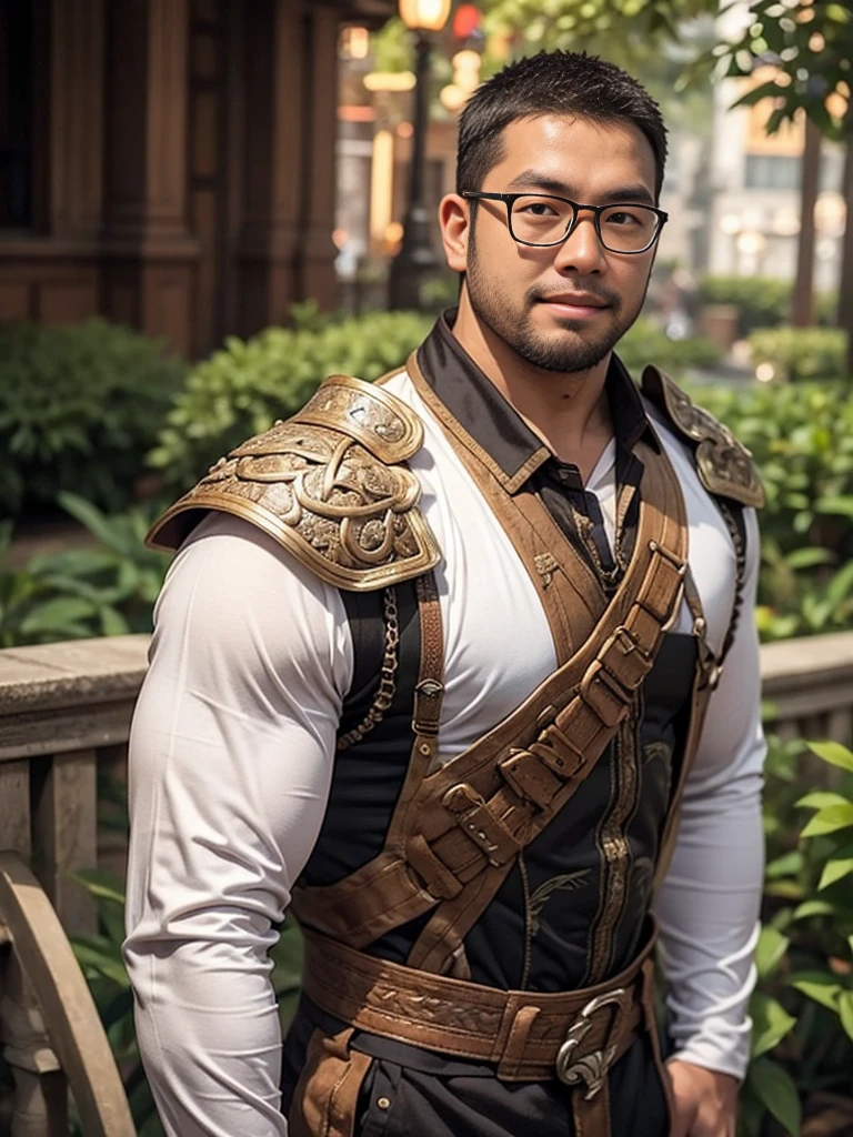 crew cut, (((full body))), (((landscape))), mature man, [slightly fat], asian man, rounded face, brown eyes, ((rounded face)), glasses, balding, 1boy, Solo, (big shoulders), (((stubbles, Short beard))),Three Kingdoms killing style:1.0，ancient Chinese background，attentive face, High image quality，masterpiece，best quality，ultra high resolution, General, black heavy armor