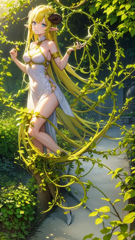 yellow medieval summer girl, concept, vines on the hand and horns from vines