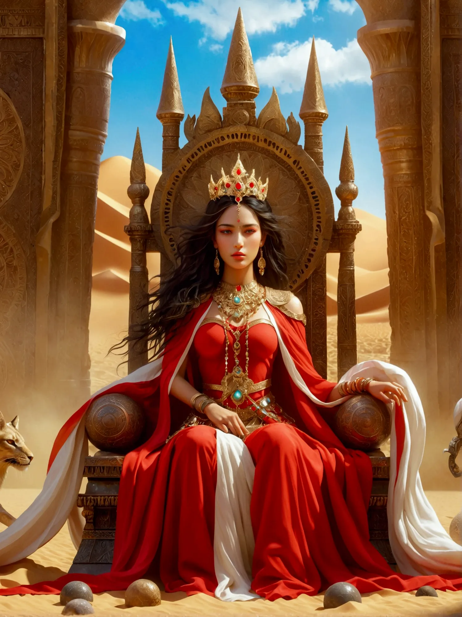 a mysterious desert princess in bright red clothing ruling a dystopian desert kingdom, cold and ruthless, detailed eyes, long ey...
