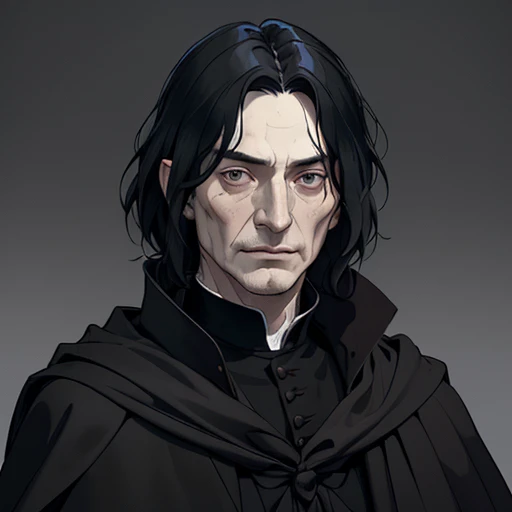 (masterpiece), (best quality),(portrait),(bust up),1boy,solo,(sharp focus),((look at viewer)),(severus snape),priest,black hair,adult, (ancient:1),ancient luxurious long clothes,old school fantasy art,((simple background)),gray background,super shiny face,Ultra Glossy Skin,brown cloak,elfears