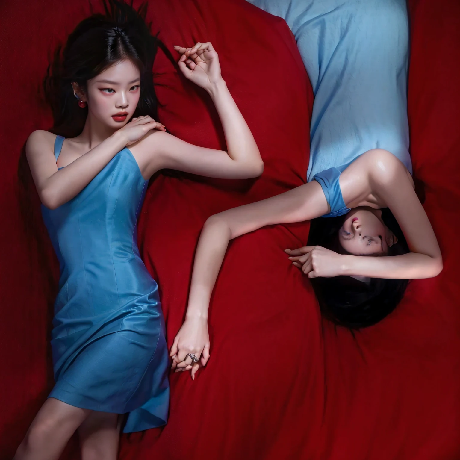 two women in blue dresses laying on a red surface, in style of kar wai wong, wu liu, jingna zhang, in style of nan goldin, promo art, kan liu, ruan jian, promo still, laying on their back, mingchen shen, roberto ferri and ruan jia, ruan jia and fenghua zhong jennie kim, jennie blackpink, twins, jennie 