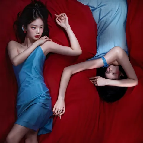 two women in blue dresses laying on a red surface, in style of kar wai wong, wu liu, jingna zhang, in style of nan goldin, promo...