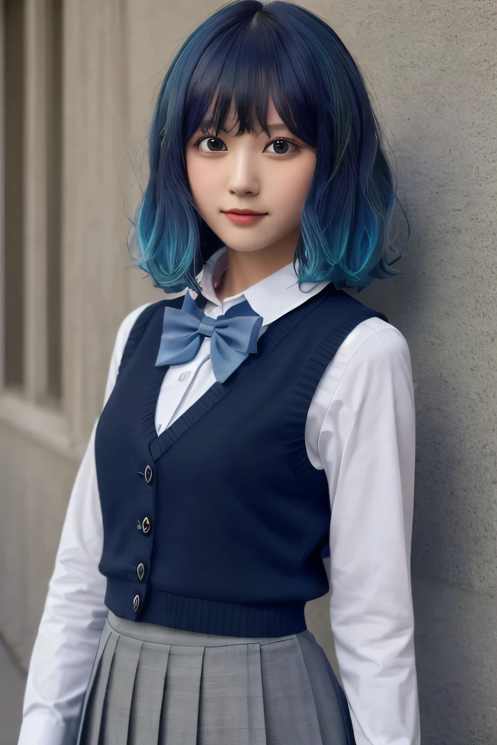 masterpiece,Highest quality, Ultra_resolution, Very detailed,
One girl,Hamakane, Blue Hair, Medium Hair, Gradient Hair, Medium chest,
 Blue bow tie,Collared shirt, Black vest, Long sleeve, Pleated skirt, Grey Skirt
