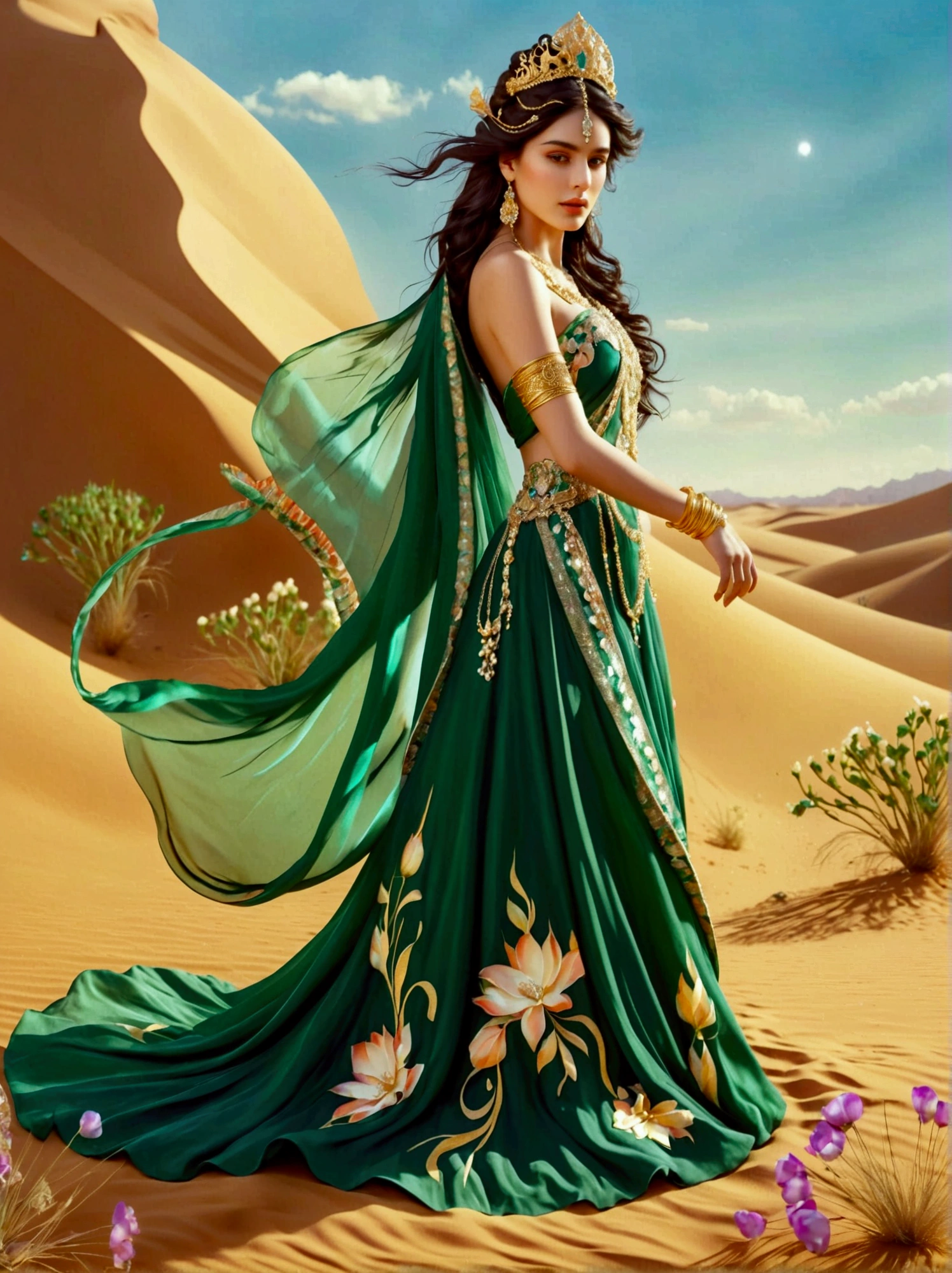 Depict an enchanting desert princess causing an oasis of vegetation to spring up in a barren desert, The woman walks across the desert, and as her feet touch the ground, plants and greenery flourish in her wake, She is adorned in an emerald and gold gown reminiscent of extravagant bridal attire, with a design that involves opulence and intricate detailing, which gives a nod to the aesthetic of pre-1912 fashion, From her dress flows a stream of water, enriching the ground and promoting plant growth, A crown made of flowers and jewels graces her head, while matching gold bracelets encircle her wrists. Her waist-length, windswept hair gleams silver under the desert sun