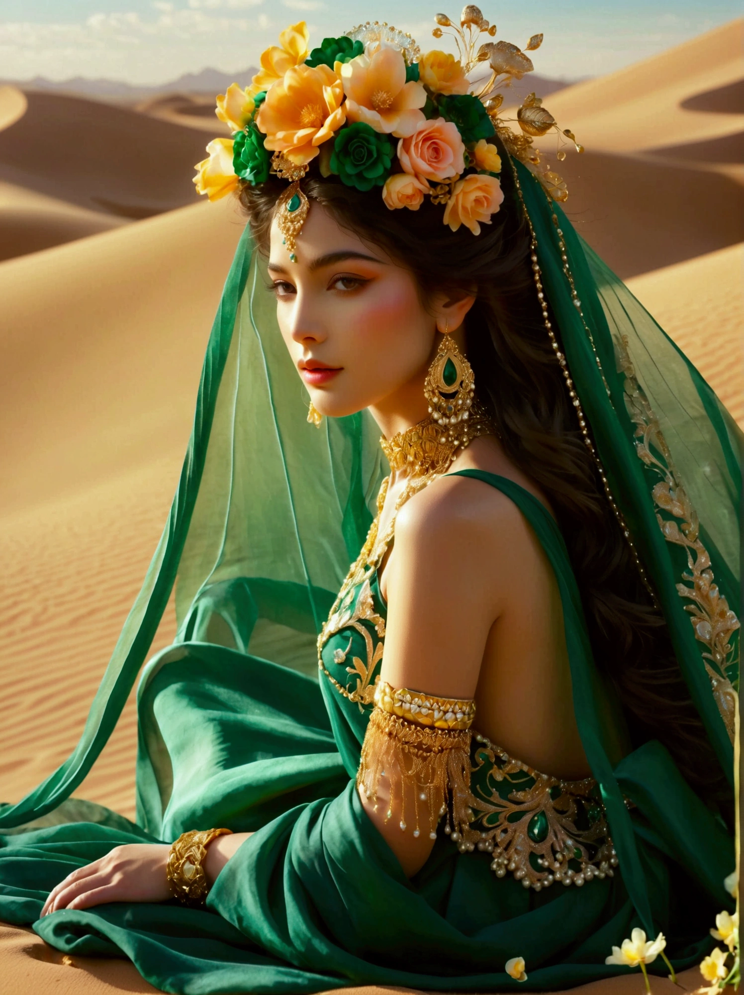 Dépeignez une princesse du désert enchanteresse faisant naître une oasis de végétation dans un désert aride, La femme traverse le désert, et tandis que ses pieds touchent le sol, des plantes et de la verdure fleurissent sur son passage, Elle est vêtue d'une robe émeraude et or rappelant une tenue de mariée extravagante, avec un design qui implique l'opulence et des détails complexes, ce qui fait un clin d'œil à l'esthétique de la mode d'avant 1912, De sa robe coule un ruisseau d'eau, enrichissant le sol et favorisant la croissance des plantes, Une couronne de fleurs et de joyaux orne sa tête, tandis que des bracelets en or assortis entourent ses poignets. Sa taille qui arrive à la taille, ses cheveux balayés par le vent brillent d'argent sous le soleil du désert