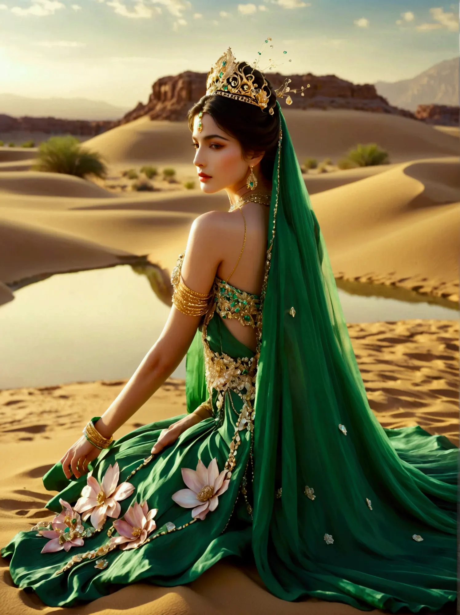 Depict an enchanting desert princess causing an oasis of vegetation to spring up in a barren desert, The woman walks across the ...