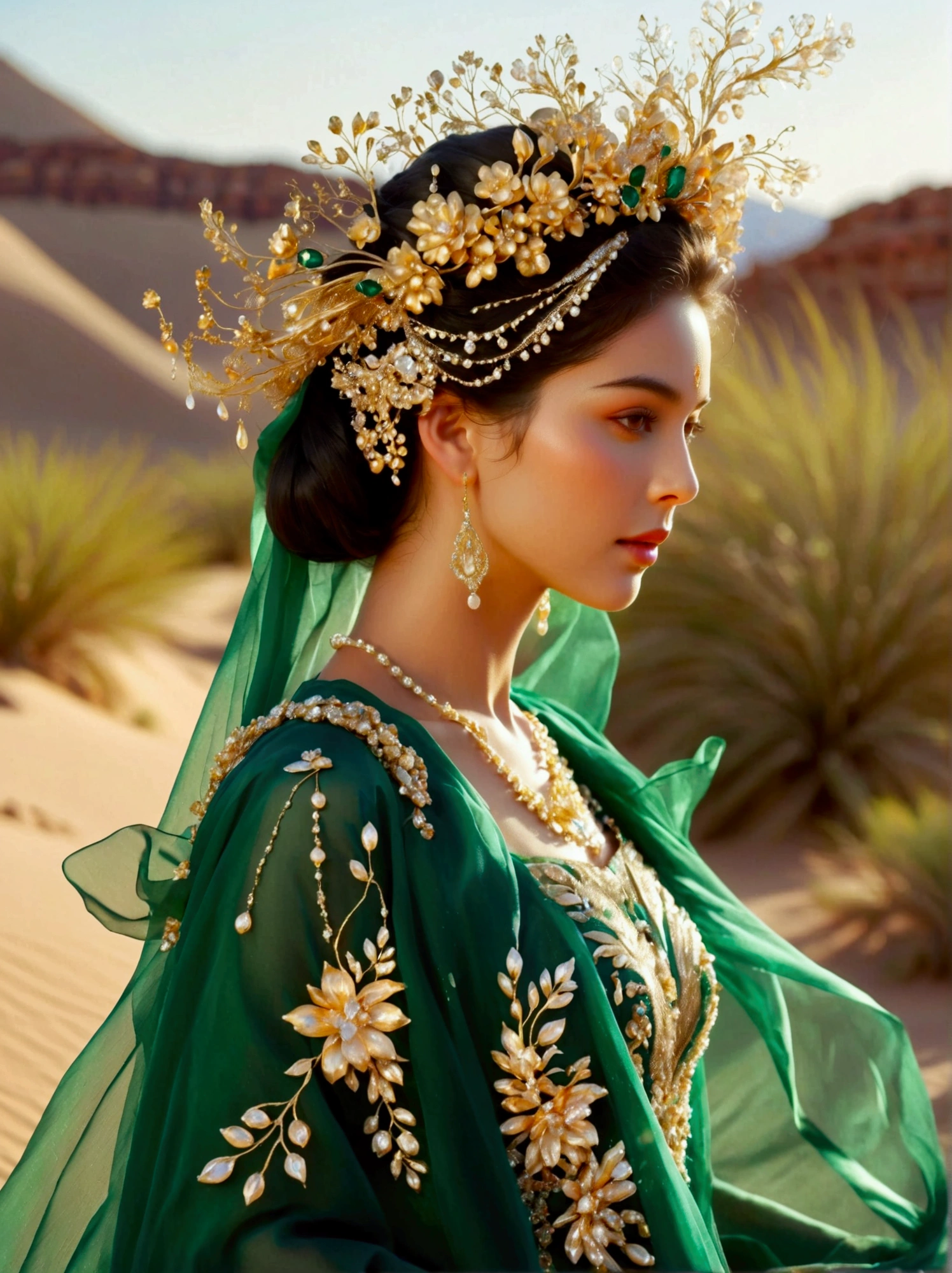 Visualize an image of a woman of unspecified descent causing plants and green vegetation to flourish in a barren desert. The woman's path is clearly distinguished by the lush greenery, signifying that the plants bloom wherever she walks, Everywhere else around her remains a barren desert, She is adorned in a regal emerald and gold gown that evokes the grandeur of wedding couture, but without specific references, Water is flowing gracefully from her dress, A crown of exotic flowers and gleaming jewels adorns her head, Her hair is a spectacle in itself, silver in color and teased by the wind