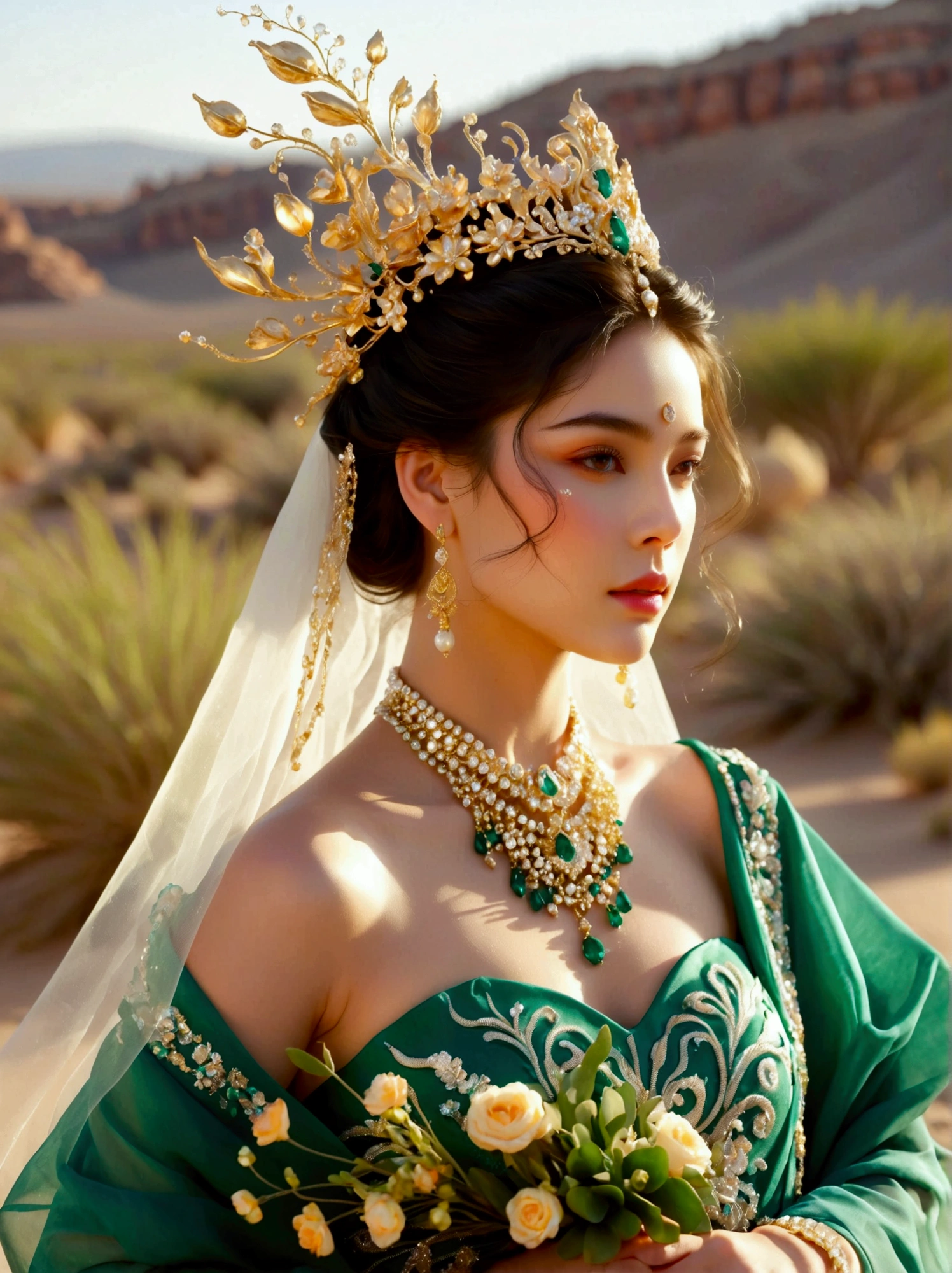 Visualize an image of a woman of unspecified descent causing plants and green vegetation to flourish in a barren desert. The woman's path is clearly distinguished by the lush greenery, signifying that the plants bloom wherever she walks, Everywhere else around her remains a barren desert, She is adorned in a regal emerald and gold gown that evokes the grandeur of wedding couture, but without specific references, Water is flowing gracefully from her dress, A crown of exotic flowers and gleaming jewels adorns her head, Her hair is a spectacle in itself, silver in color and teased by the wind