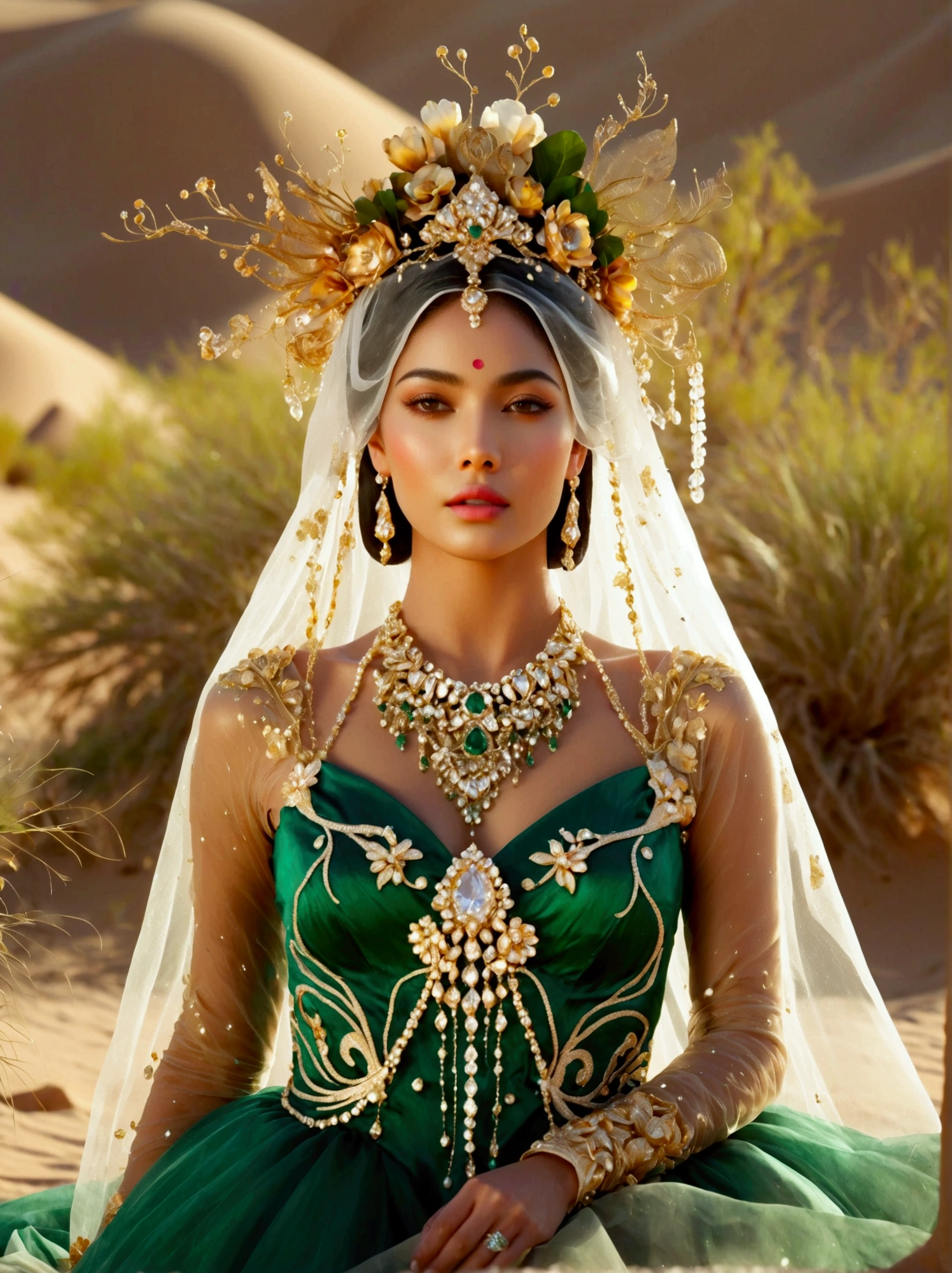 Visualize an image of a woman of unspecified descent causing plants and green vegetation to flourish in a barren desert. The woman's path is clearly distinguished by the lush greenery, signifying that the plants bloom wherever she walks, Everywhere else around her remains a barren desert, She is adorned in a regal emerald and gold gown that evokes the grandeur of wedding couture, but without specific references, Water is flowing gracefully from her dress, A crown of exotic flowers and gleaming jewels adorns her head, Her hair is a spectacle in itself, silver in color and teased by the wind