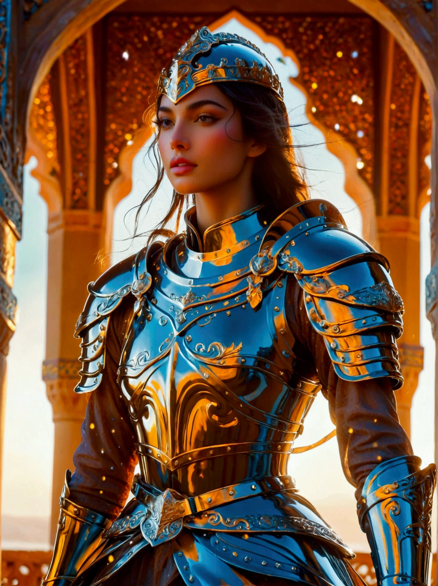 Visualisez une femme chevalier du Moyen-Orient vêtue de scintillant, armure brillante. Ses vêtements riches en couleurs devraient refléter une mise à niveau contemporaine et innovante de son look traditionnel par ailleurs. Mettez-la en scène dans des poses dynamiques et vigoureuses exprimant la force et le courage. Tirez parti de la perspective d'un objectif grand angle pour souligner la nature expansive du paysage qui l'entoure, créant ainsi un effet panoramique. Le décor est fortement influencé par des éléments de fantasy, en faisant un environnement mystique et enchanteur