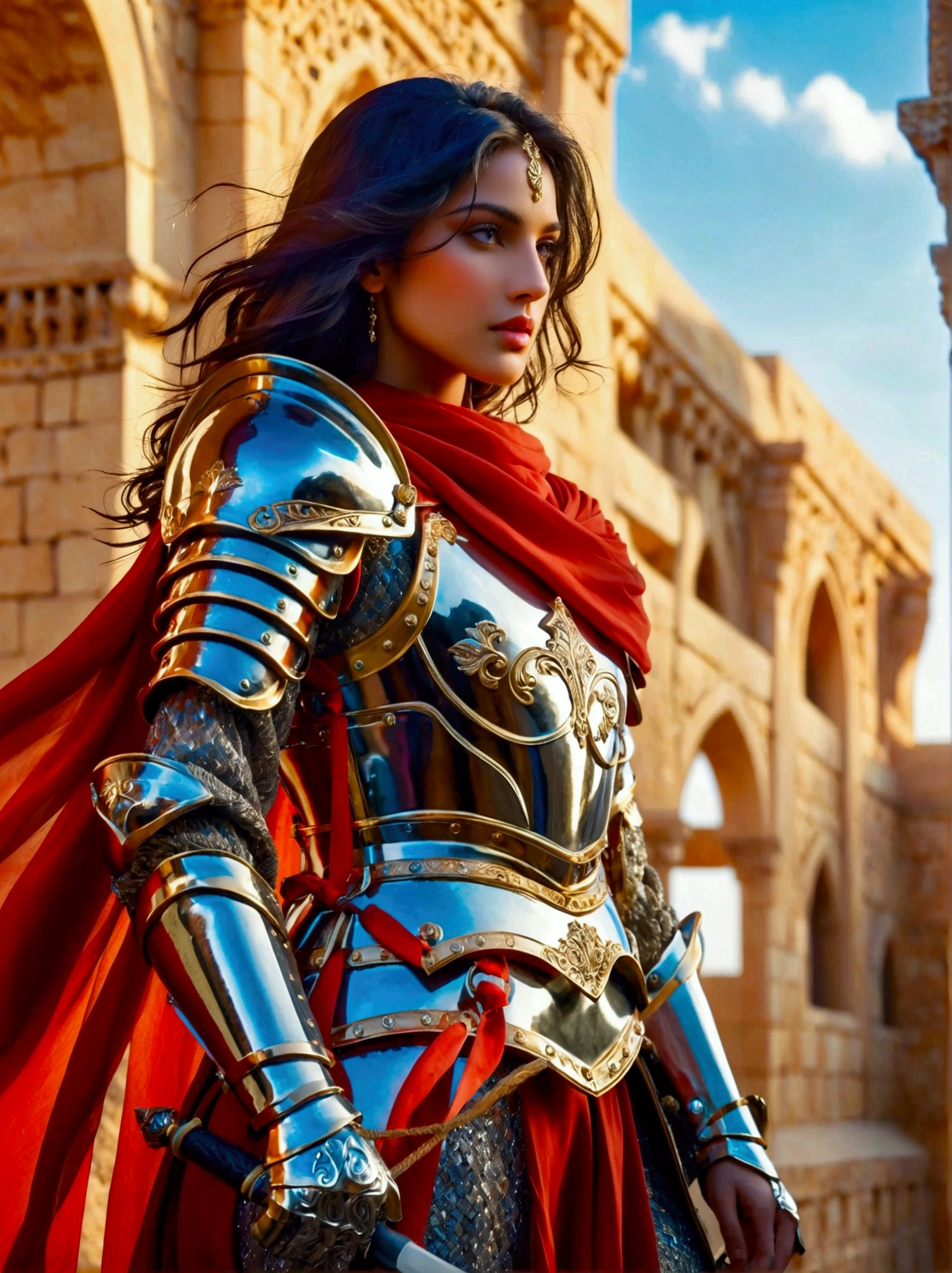 Visualisez une femme chevalier du Moyen-Orient vêtue de scintillant, armure brillante. Ses vêtements riches en couleurs devraient refléter une mise à niveau contemporaine et innovante de son look traditionnel par ailleurs. Mettez-la en scène dans des poses dynamiques et vigoureuses exprimant la force et le courage. Tirez parti de la perspective d'un objectif grand angle pour souligner la nature expansive du paysage qui l'entoure, créant ainsi un effet panoramique. Le décor est fortement influencé par des éléments de fantasy, en faisant un environnement mystique et enchanteur