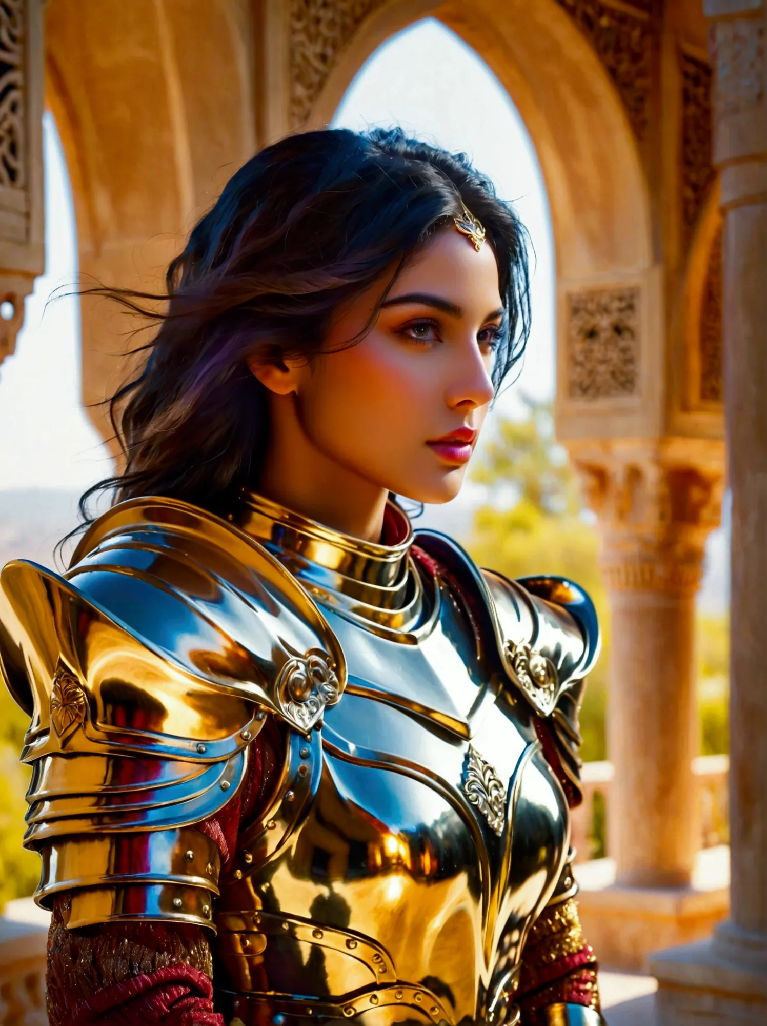 Visualize a Middle Eastern female knight garbed in glittering, shiny armor. Her color-rich attire should reflect a contemporary ...
