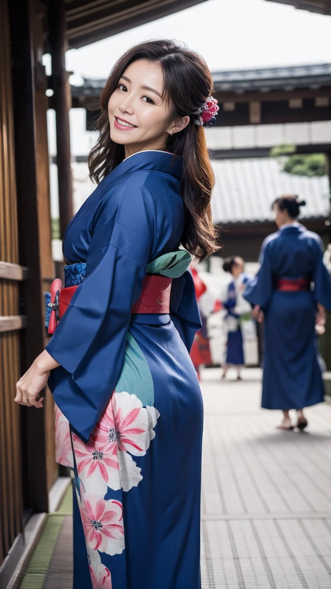 Mature charming sexy woman,50 years old, ((kimono)),blue、(((kimono))),closure,,(Facial wrinkles:1.3),Light makeup,Light brown hair,Long hair,(Full body photography:0.85),(Emphasize the big buttocks),8K, original photo, best quality, laughter,masterpiece,best quality、Gentle smile、Audience&#39;s Eyes、Feel free to hairstyle、Japanese-style room、Shoji screen、lantern、