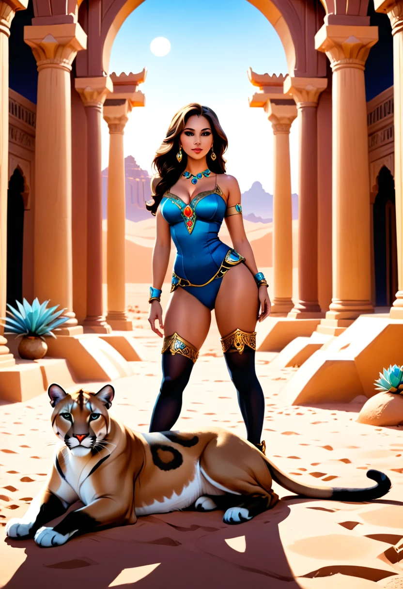 Arafed picture of a desert princess BREAK and her pet cougar in her palace high details, best quality, 16k, f a female human princess and her pet cougar, princess of the desert, full body, ((anatomically correct: 1.5)) ((standing: 1.5)) proudly royalty demeanor, a woman, (best detailed face: 1.5), Ultra Detailed face, wearing royal desert dress, decorated with gems, small cleavage, thigh high intricate leather high heeled boot, thick hair, long hair, brown hair, tan skin intense brown eyes, her desert large cougar lying at her feet, guarding her, an epic fantasy desert palace in an oasis in the background (intricate details, Masterpiece, best quality: 1.5) night, moon light, stars  ,Wide-Angle, award winning, best quality, high quality, high details, highres, vibrant, Ultra-high resolution, High Contrast, (masterpiece:1.5), highest quality, Best aesthetics, best details, best quality, highres, ultra wide angle, 16k, [ultra detailed], masterpiece, best quality, chumbasket art style, high heels, thighhighs