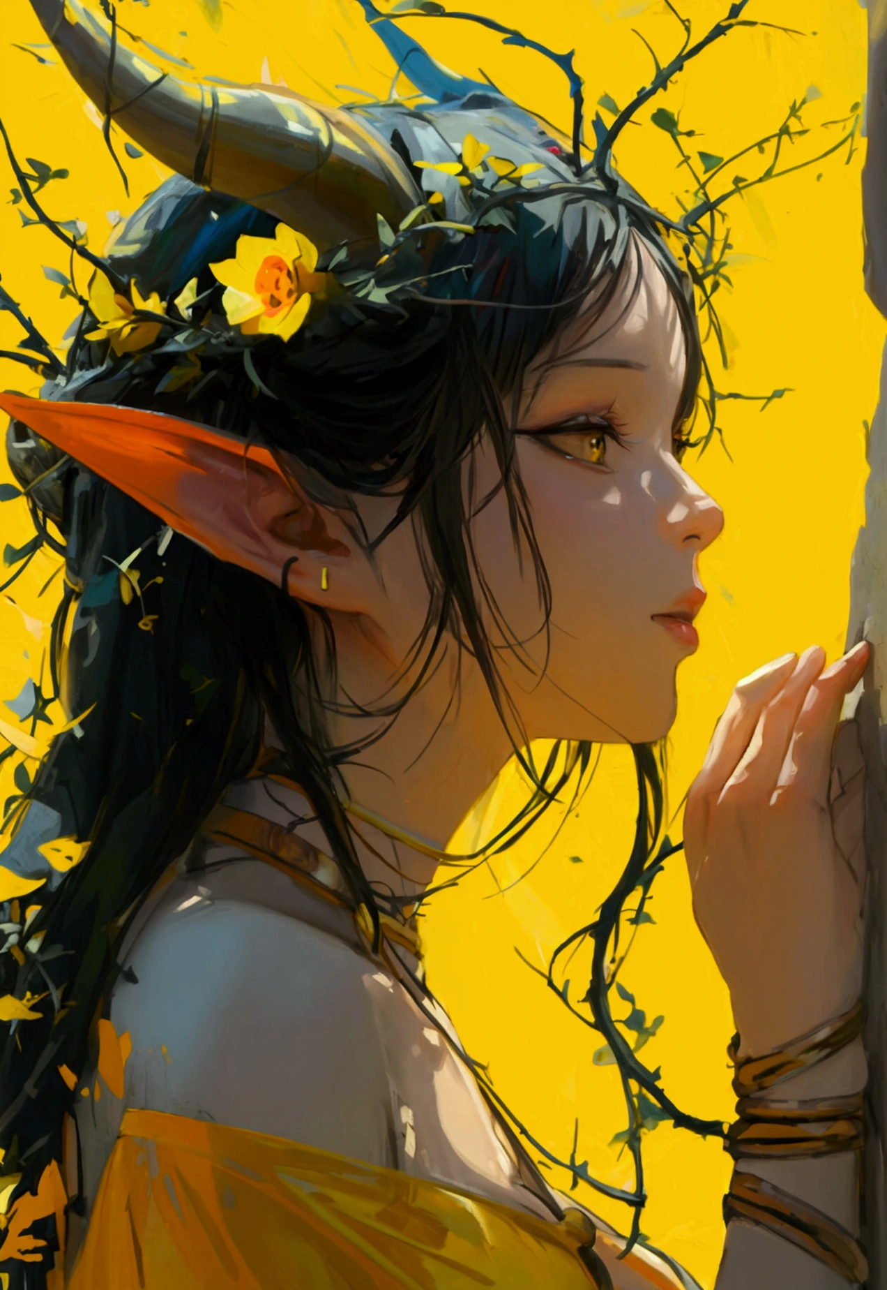 masterpiece, best quality, highres, bbandro, yellow medieval summer girl, concept, vines on the hand and horns from vines, sfw