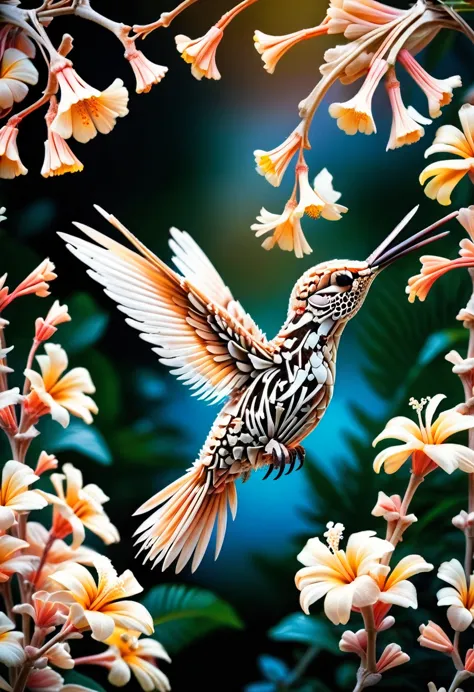 cinematic photo [ :(, film photography:1.3):0.25], full hummingbird made of ral-bnz, , hovering over a flower in a. tropical gar...