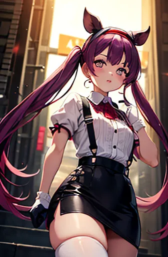 She has purple hair, long straight hair with bangs in a bun, small breasts, flat chest, short, about 135 centimeters tall, eleme...