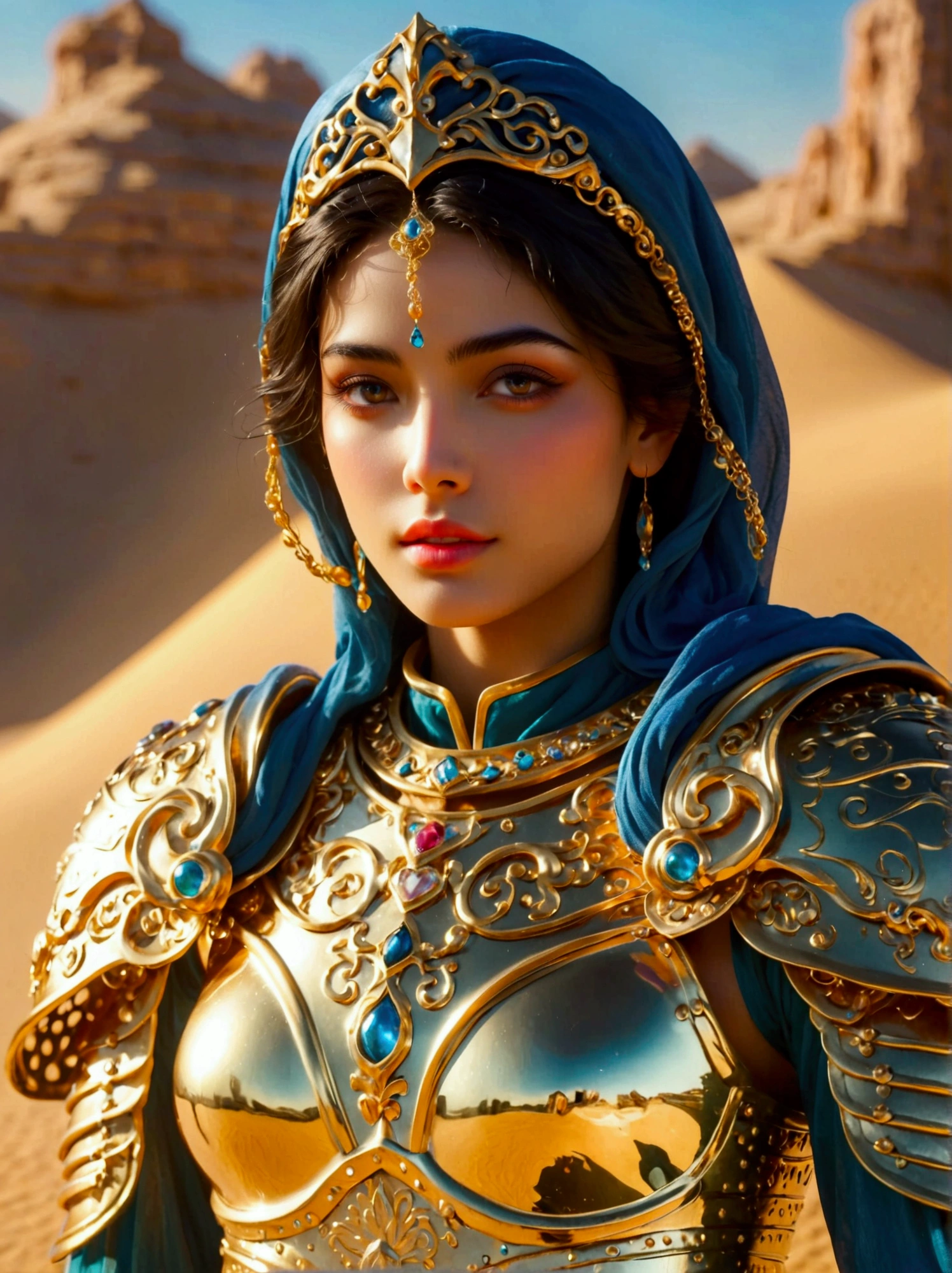 A Middle Eastern desert princess in glittering knight armor, Her color-rich attire should reflect a contemporary and innovative upgrade to her otherwise traditional look, Showcase her in dynamic and vigorous poses expressing strength and bravery, Leverage the perspective of a wide-angle lens to emphasize the expansive nature of the scenery that surrounds her, thus creating a panoramic effect, The setting is heavily influenced by elements of fantasy, making it a mystical and enchanting environment, ((Full body shot)), (eyes looking at the viewer, front view), concept art, Hyperrealism, first-person view, pov, UHD, masterpiece, accurate, anatomically correct, textured skin, super detail, best quality, 8k