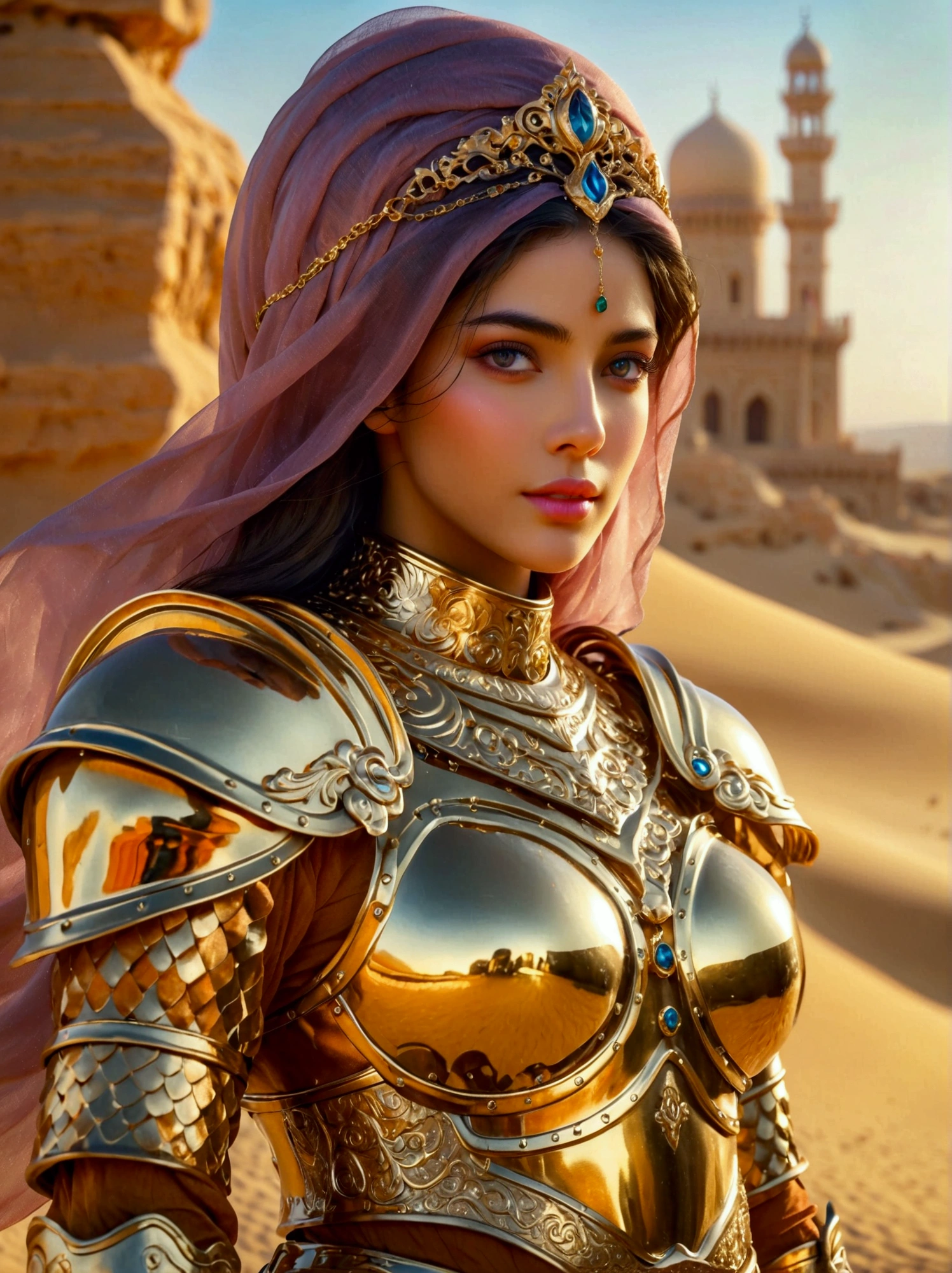 A Middle Eastern desert princess in glittering knight armor, Her color-rich attire should reflect a contemporary and innovative upgrade to her otherwise traditional look, Showcase her in dynamic and vigorous poses expressing strength and bravery, Leverage the perspective of a wide-angle lens to emphasize the expansive nature of the scenery that surrounds her, thus creating a panoramic effect, The setting is heavily influenced by elements of fantasy, making it a mystical and enchanting environment, ((Full body shot)), (eyes looking at the viewer, front view), concept art, Hyperrealism, first-person view, pov, UHD, masterpiece, accurate, anatomically correct, textured skin, super detail, best quality, 8k