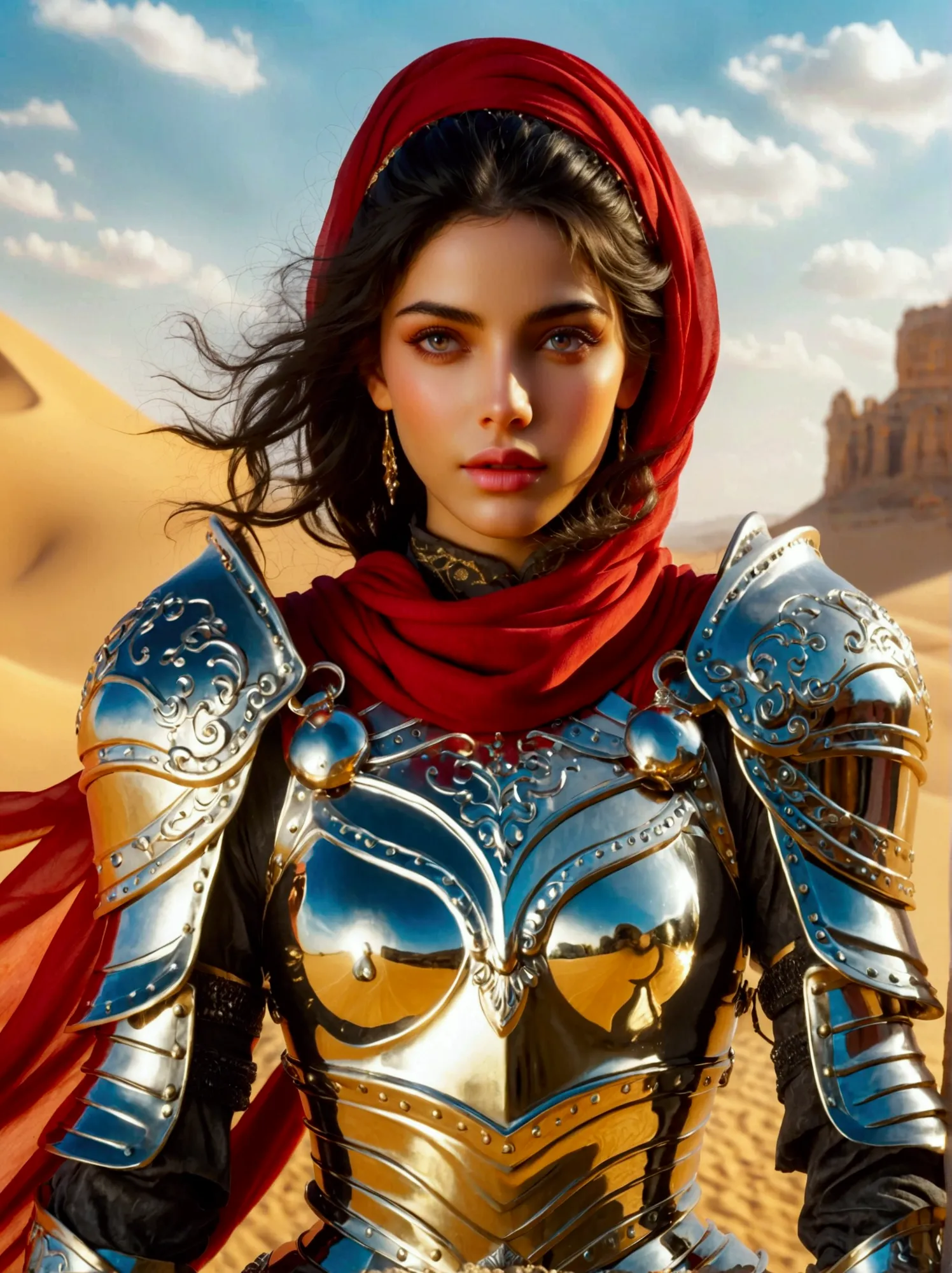 A Middle Eastern desert princess in glittering knight armor, Her color-rich attire should reflect a contemporary and innovative ...
