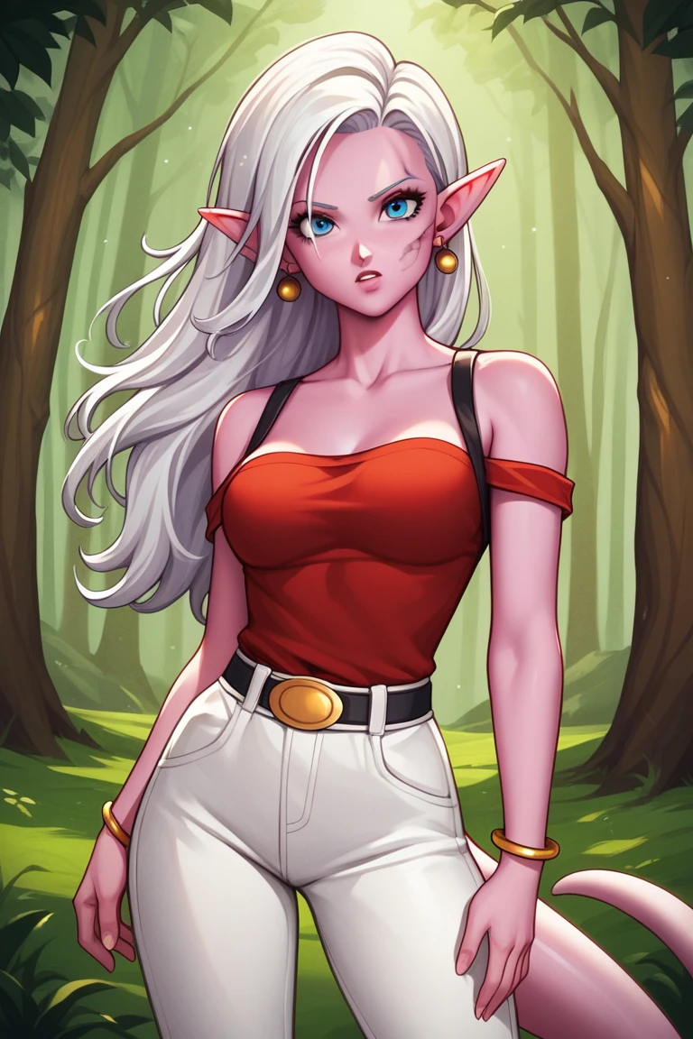 score_9, score_8_up, score_7_up, score_6_up, score_5_up, score_4_up, SorakaLoLXL, masterpiece, Best quality, A high resolution, bbandro, White hair, long hair, dirty hair, pointed ears, earrings rings, Blue eyes, pink skin, tail, Medium breasts, bare shoulders, without straps, cut off sleeves, bracelet, life, Trousers, White pants, dragon ball, standing, cowboy shot, on open air, looking at viewer, forest  