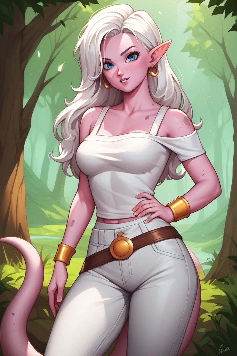 score_9, score_8_up, score_7_up, score_6_up, score_5_up, score_4_up, SorakaLoLXL, masterpiece, Best quality, A high resolution, bbandro, White hair, long hair, dirty hair, pointed ears, earrings rings, Blue eyes, pink skin, tail, Medium breasts, bare shoulders, without straps, cut off sleeves, bracelet, life, Trousers, White pants, dragon ball, standing, cowboy shot, on open air, looking at viewer, forest  