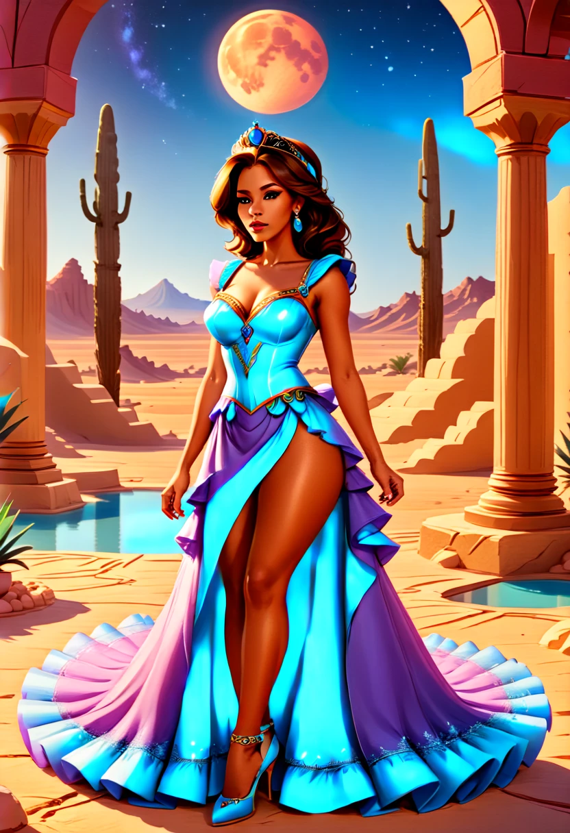 Arafed picture of a desert princess BREAK and her pet cougar in her palace high details, best quality, 16k, f a female human princess and her pet cougar, princess of the desert, full body, ((anatomically correct: 1.5)) ((standing: 1.5)) proudly royalty demeanor, a woman, (best detailed face: 1.5), Ultra Detailed face, wearing royal desert dress, Arab design, decorated with gems, small cleavage, thigh high intricate leather high heeled boot, thick hair, long hair, brown hair, tan skin intense brown eyes, her desert large cougar lying at her feet, guarding her, an epic fantasy desert palace in an oasis in the background (intricate details, Masterpiece, best quality: 1.5) night, moon light, stars  ,Wide-Angle, award winning, best quality, high quality, high details, highres, vibrant, Ultra-high resolution, High Contrast, (masterpiece:1.5), highest quality, Best aesthetics, best details, best quality, highres, ultra wide angle, 16k, [ultra detailed], masterpiece, best quality, chumbasket art style, high heels, thighhighs, princess dress