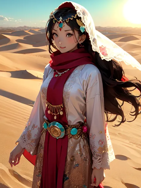 One Girl, Money色のアクセサリー, Veil, gem, Kaftans, Turbaned, (Ramparts), Circlet, 額のjewelry, Elegant robes, sand color, oasis, Long Ha...