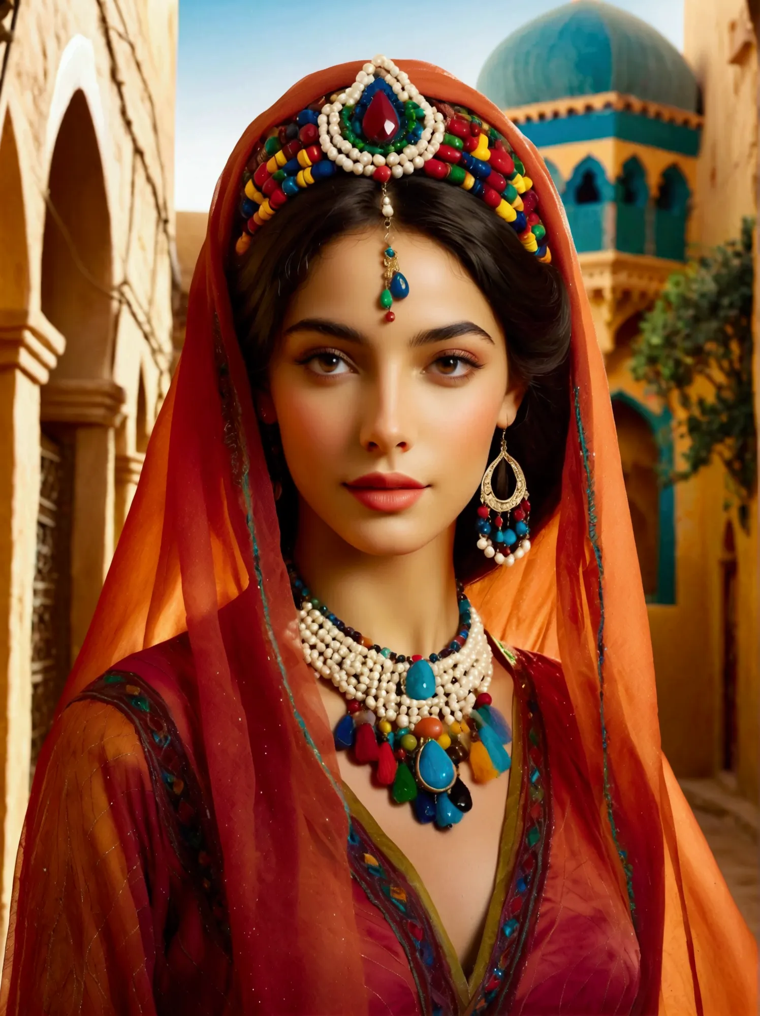 desert princess, dressed in vibrant traditional attire, steeped in an atmosphere brimming with magic and whimsy, similar to the ...