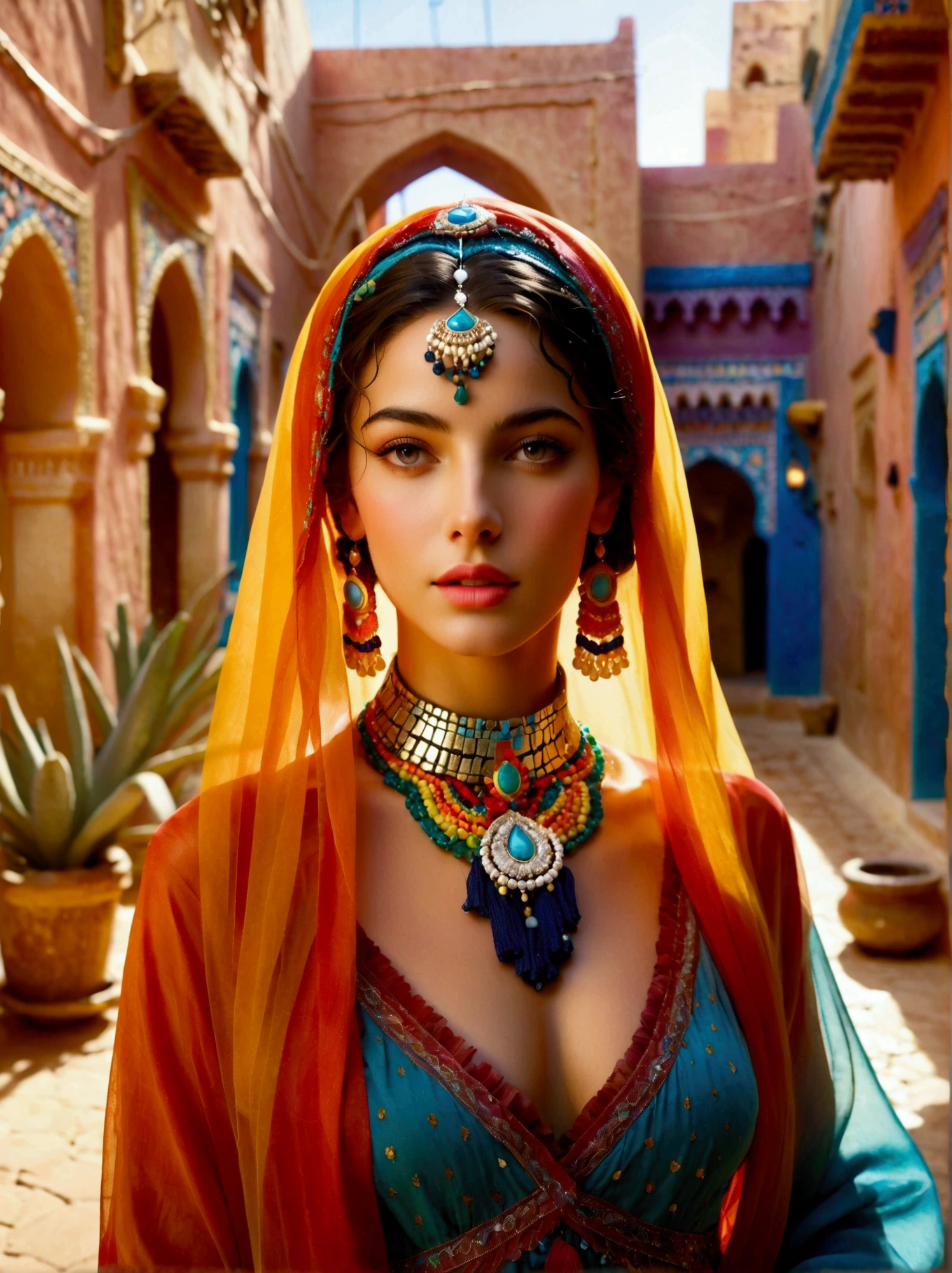 Desert Princess, dressed in vibrant traditional attire, steeped in an atmosphere brimming with magic and whimsy, similar to the setting of a classic animation movie poster. She poses eloquently within the enchanting casbah of Algiers, generally captured using a wide-angle lens, showcasing the grandeur of the location, exhibiting an effusive display of color and vibrancy. Special emphasis is placed on depicting the essence of North African culture and heritage, embodying the royal and feminine spirit that is innate within her