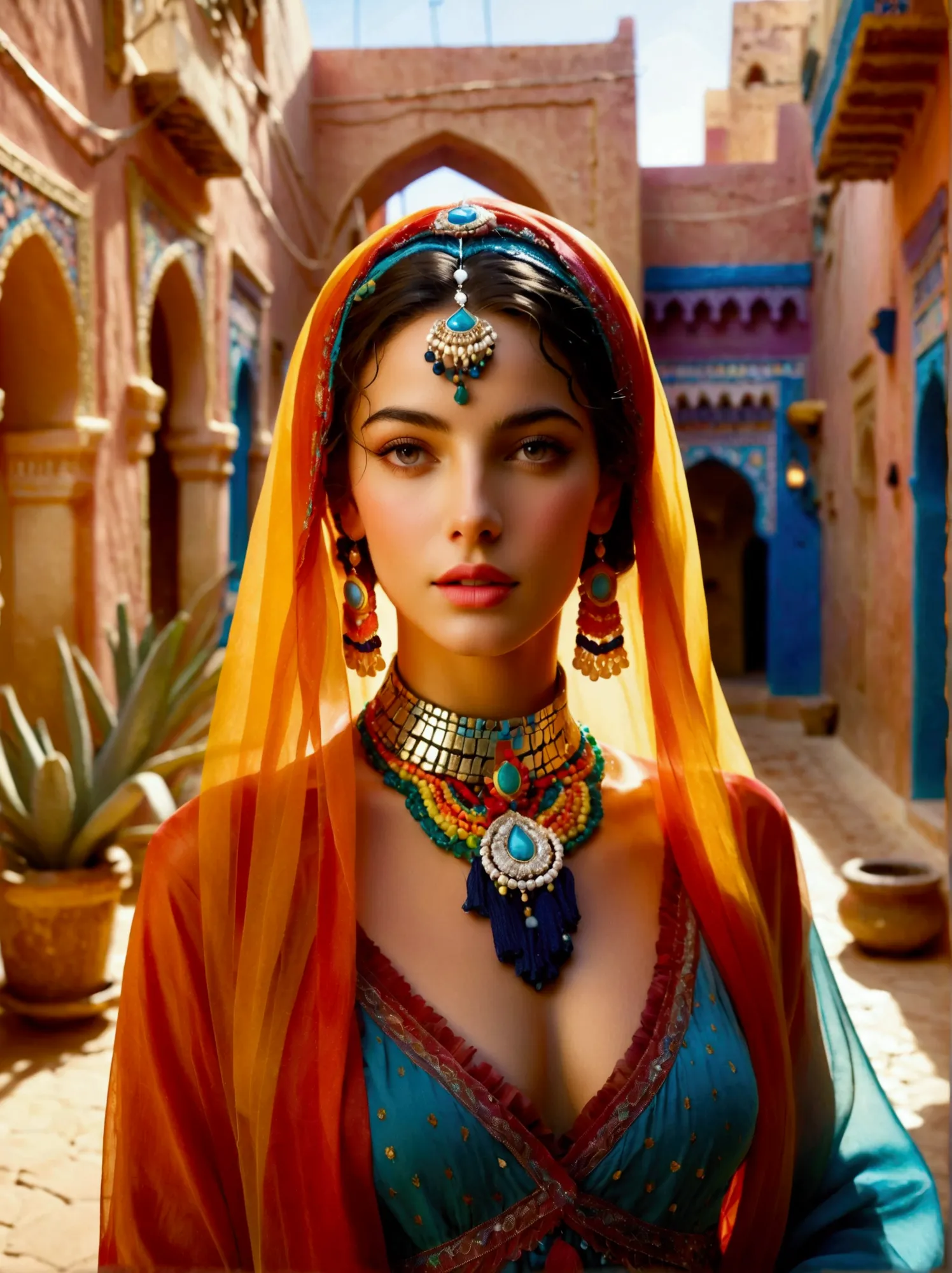 Desert Princess, dressed in vibrant traditional attire, steeped in an atmosphere brimming with magic and whimsy, similar to the ...